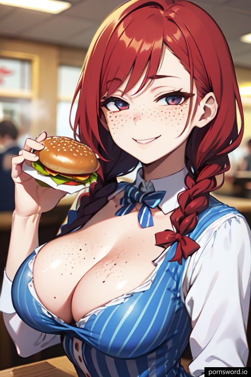 ai_generated braided_hair burger cleavage freckles mascot pornsword.io pornwaifu.ai restaurant wendy's wendy_thomas