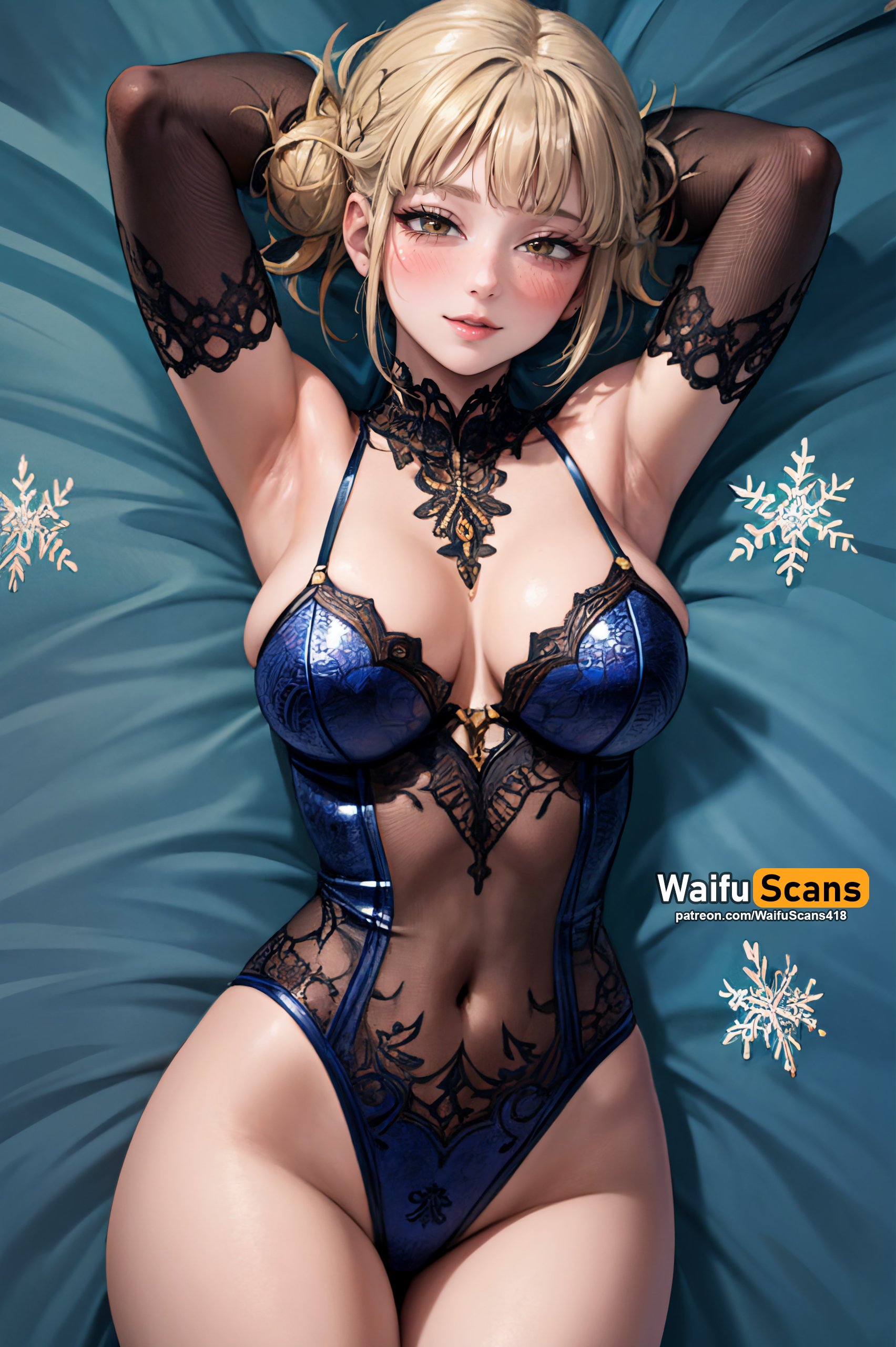 2d, ai generated, amber eyes, blonde hair, blush, breasts, female, gloves, hair buns, himiko toga, lingerie, looking at viewer, medium breasts, my hero academia, waifuscans418