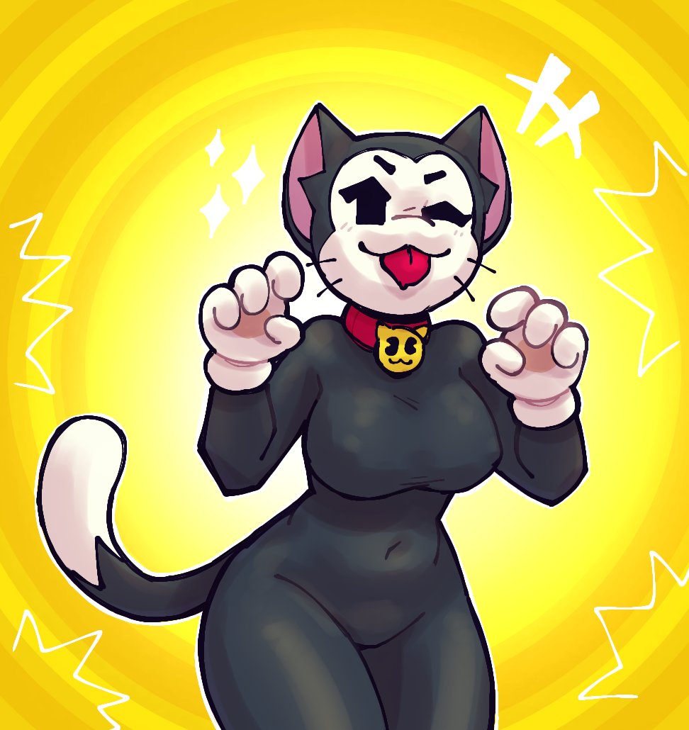 1girls anthro black_fur brawl_stars breasts collar feline female genderswap_(mtf) kit_(brawl_stars) looking_at_viewer medium_breasts navel paw_pose rule_63 solo tail thony_690 tongue tongue_out