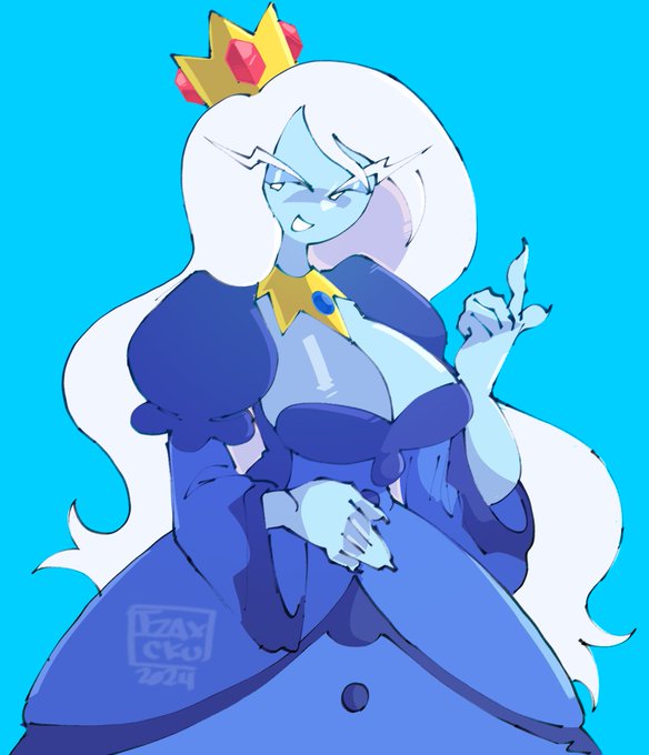 adventure time, blue body, breasts, cleavage, crown, dress, female, female only, ice queen (adventure time), long hair, necklace, tagme, white eyes, white hair