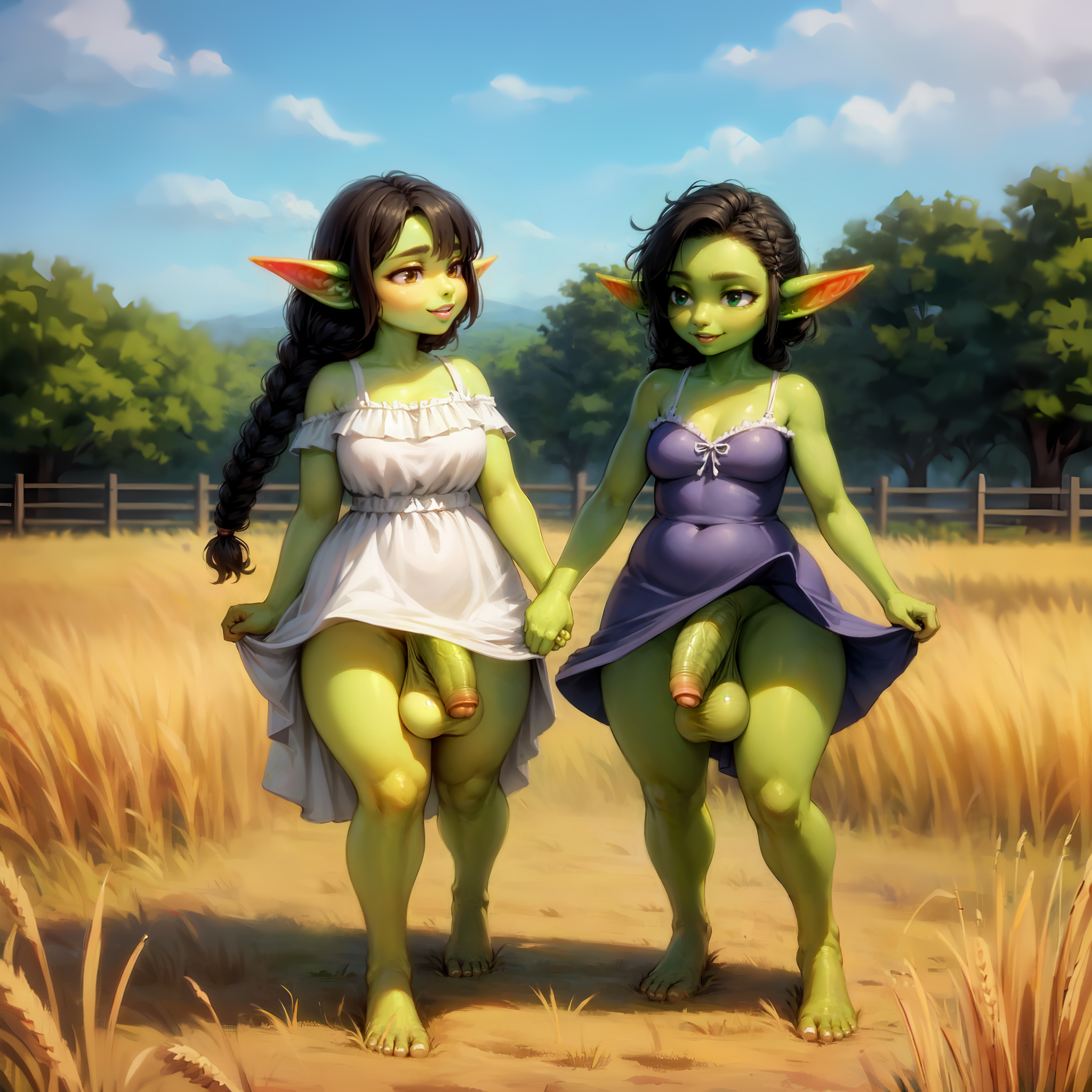 2futas, ai generated, balls, balls under clothes, barefoot, barefoot on grass, big balls, big penis, big testicles, bottomless skirt, dark skin, dark-skinned futa, dickgirl, dress, flaccid, foreskin, futa only, futa with futa, futanari, goblin, goblin futa, goblinenthusiast, green skin, holding hands, intersex, outdoors, penis, penis out, penis under clothes, penis under dress, penis under skirt, self upload, skirt, skirt lift, summer dress, testicles, uncircumcised, walking, wheat field