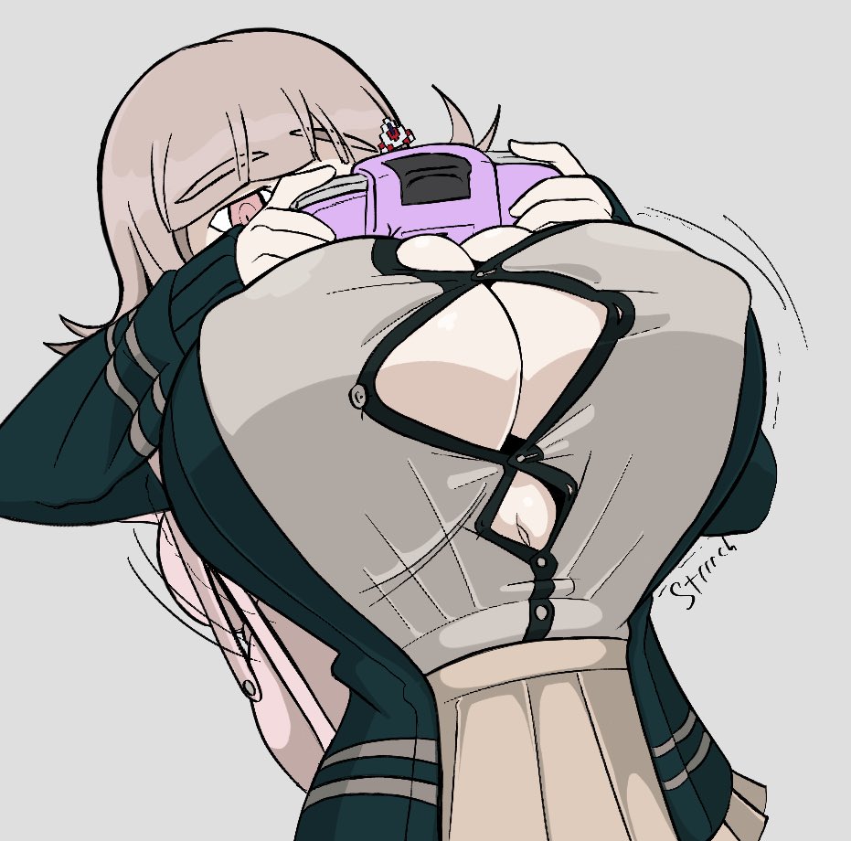 1girl 1girls 2023 2d 2d_(artwork) backpack big_breasts breast_expansion breast_hold breast_squeeze breast_squish breasts breasts_bigger_than_head brown_hair bursting_breasts bursting_buttons bursting_clothes button_gap buttons danganronpa danganronpa_2:_goodbye_despair erect_nipples erect_nipples_under_clothes female female_only gameboy gameboy_advance huge_breasts king_melon large_breasts nanami_chiaki nintendo nipple_bulge nipples pink_eyes pink_hair popped_button shiny_breasts shiny_skin short_hair sound_effect spike_chunsoft stretched_clothing stretching tight_clothes tight_clothing tight_shirt unaware wardrobe_malfunction white_skin