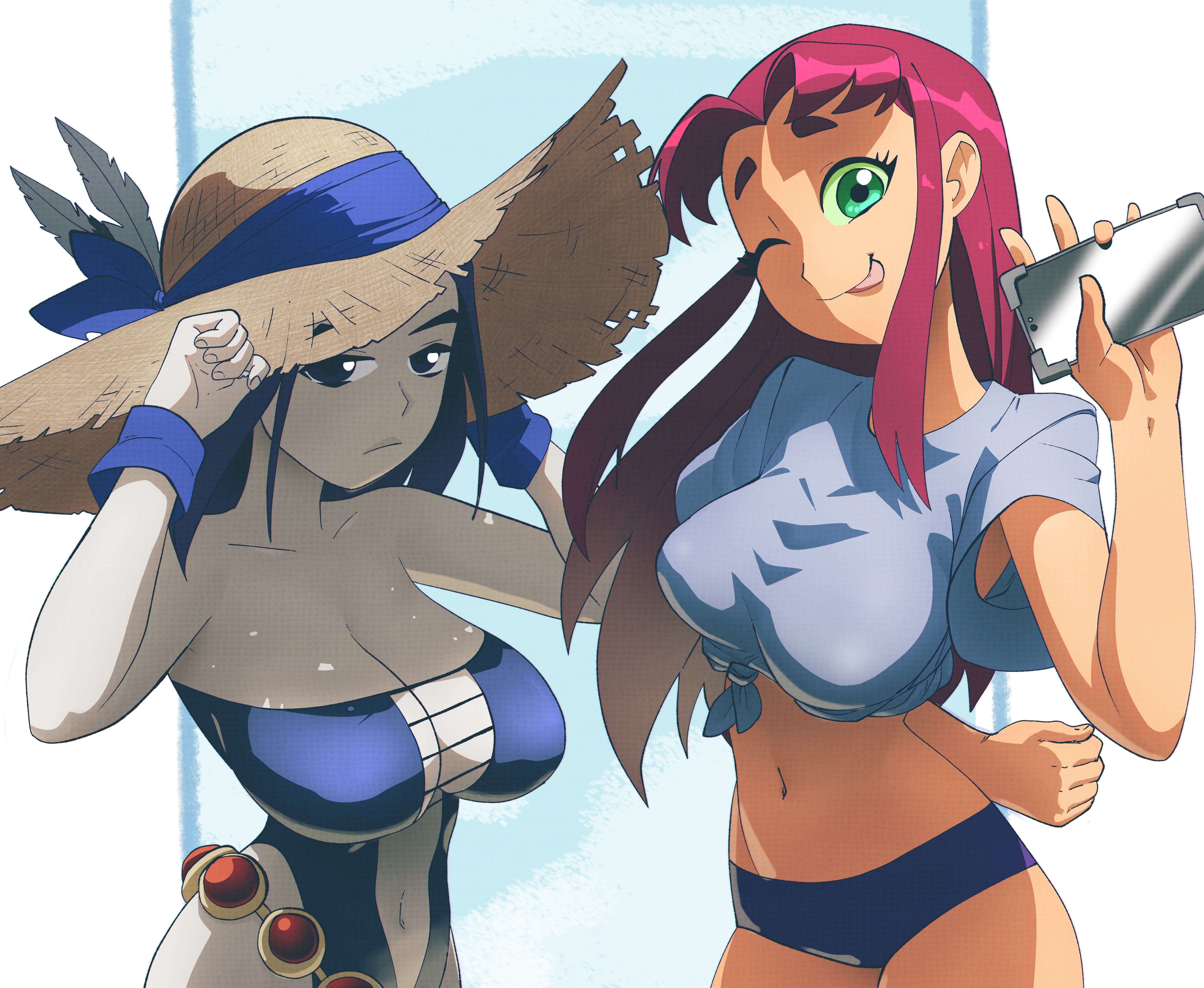 2girls, big breasts, bikini, breasts, cartoon network, coolerinker, dc, dc comics, female, female only, hat, inker comics, inkershike, koriand'r, multiple females, multiple girls, peace sign, purple hair, rachel roth, raven (dc), red hair, starfire, straw hat, teen titans, tongue, tongue out, wink