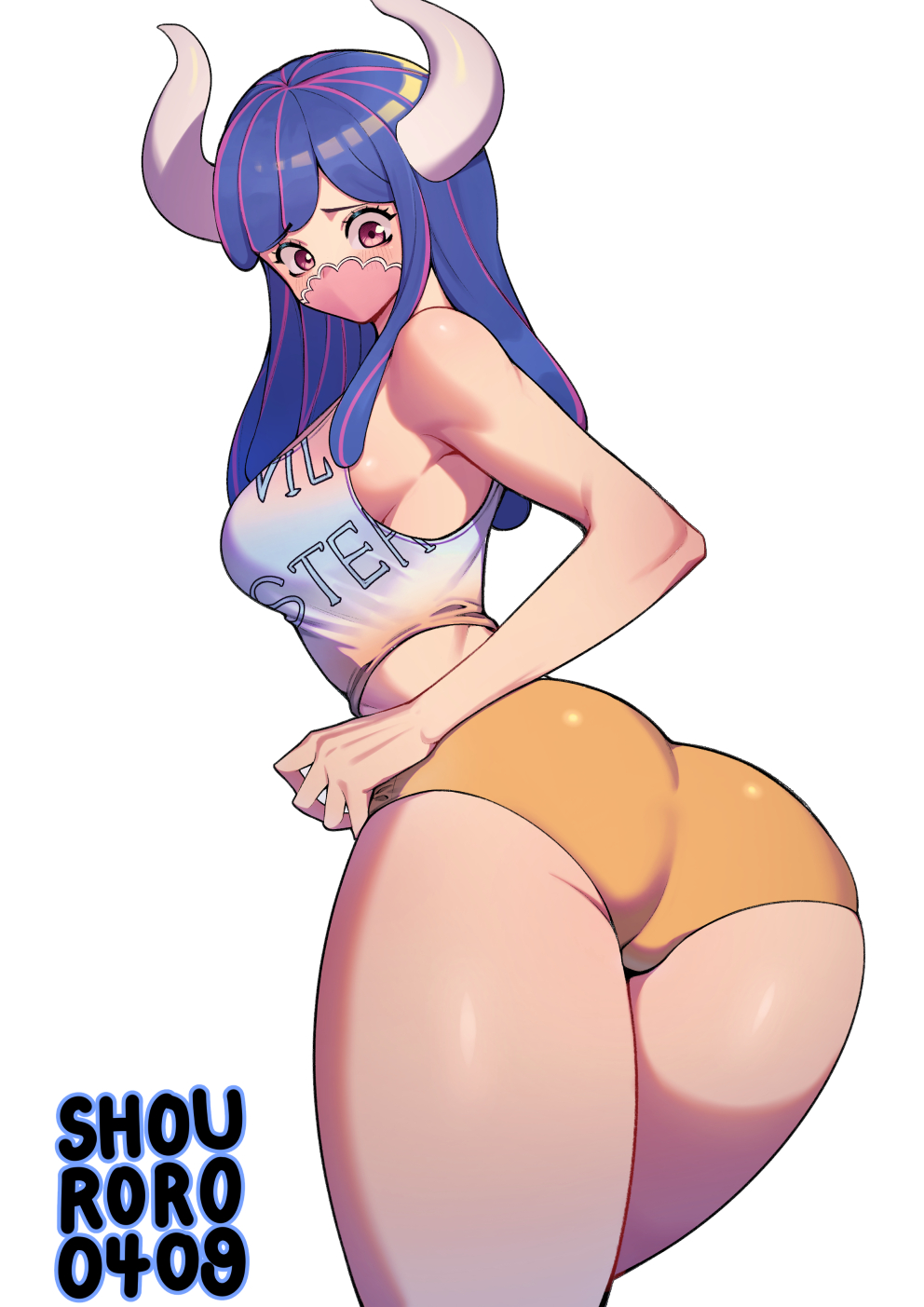 1girls big_butt blue_hair breasts butt crop_top female female_only horns large_breasts long_hair mask multicolored_hair one_piece orange_shorts pink_eyes pink_hair shorts shouroro ulti_(one_piece) white_crop_top