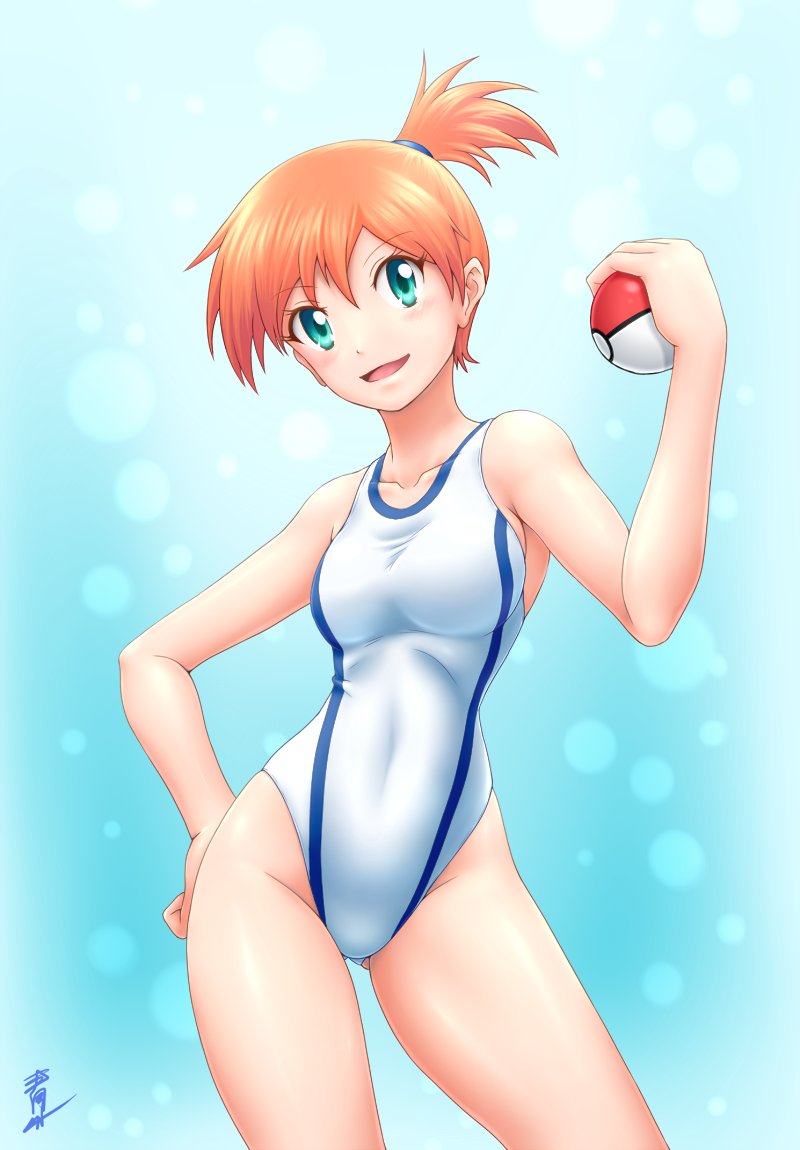 1girls aozame_takao blue_eyes breasts competition_swimsuit female female_only fully_clothed gym_leader hand_on_hip holding_poke_ball kasumi_(pokemon) looking_at_viewer medium_breasts nintendo one-piece_swimsuit orange_hair pokeball pokemon pokemon_rgby side_ponytail swimsuit tight_clothing white_one-piece_swimsuit white_swimsuit