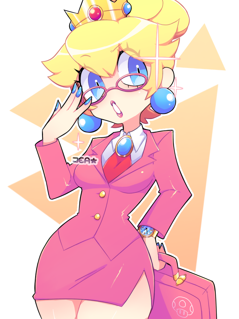 1girls blonde_hair blue_eyes breasts briefcase brooch crown earrings glasses hair_bun holding_briefcase looking_at_viewer mario_(series) medium_breasts miniskirt necktie nintendo office_lady painted_fingernails pencil_skirt pink_suit princess_peach sprayjea suit wristwatch