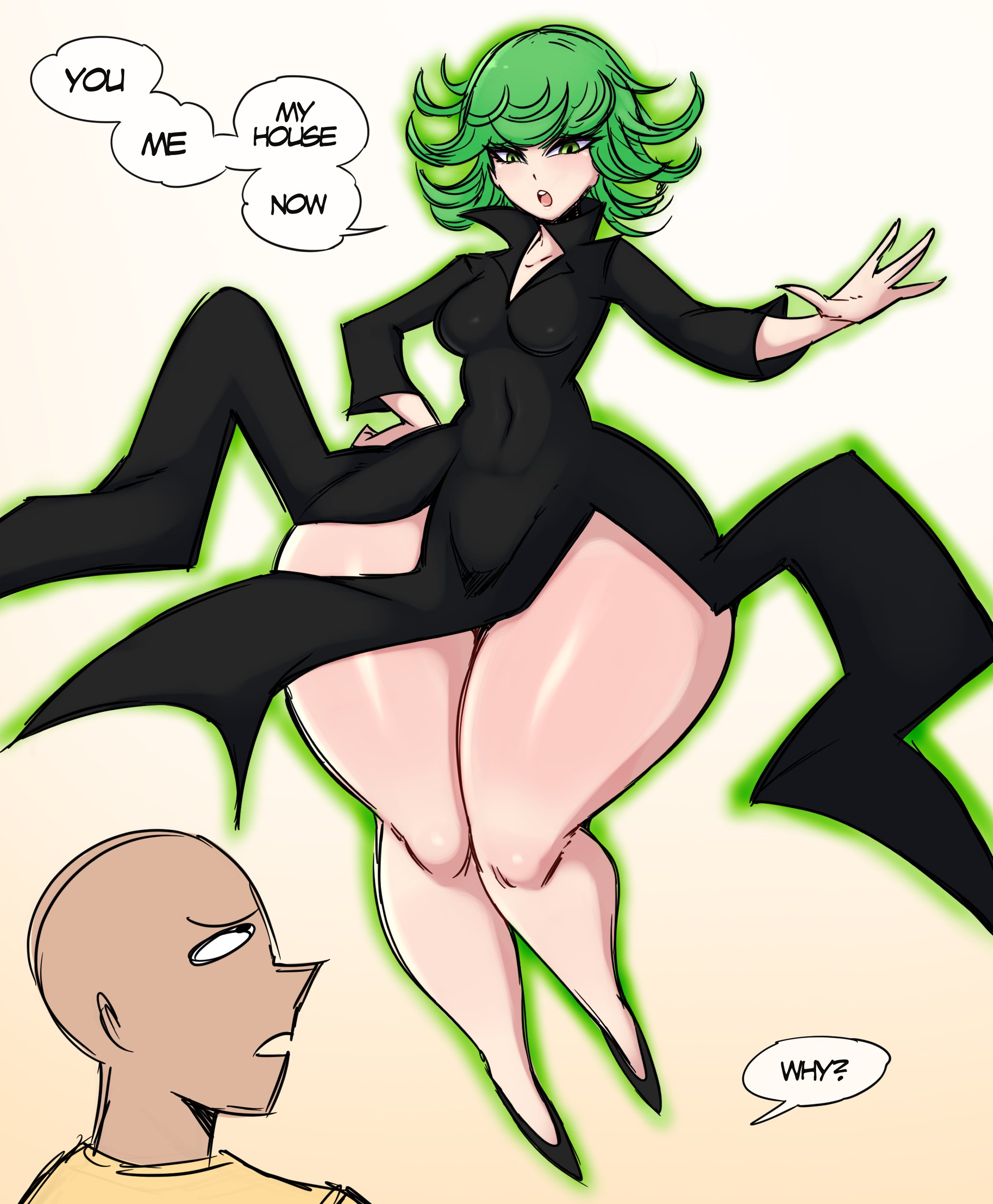 1girls, ass, breasts, female, green hair, hips, huge ass, human only, male, one-punch man, saitama, saltyxodium, tatsumaki, thick thighs, thighs, wide hips