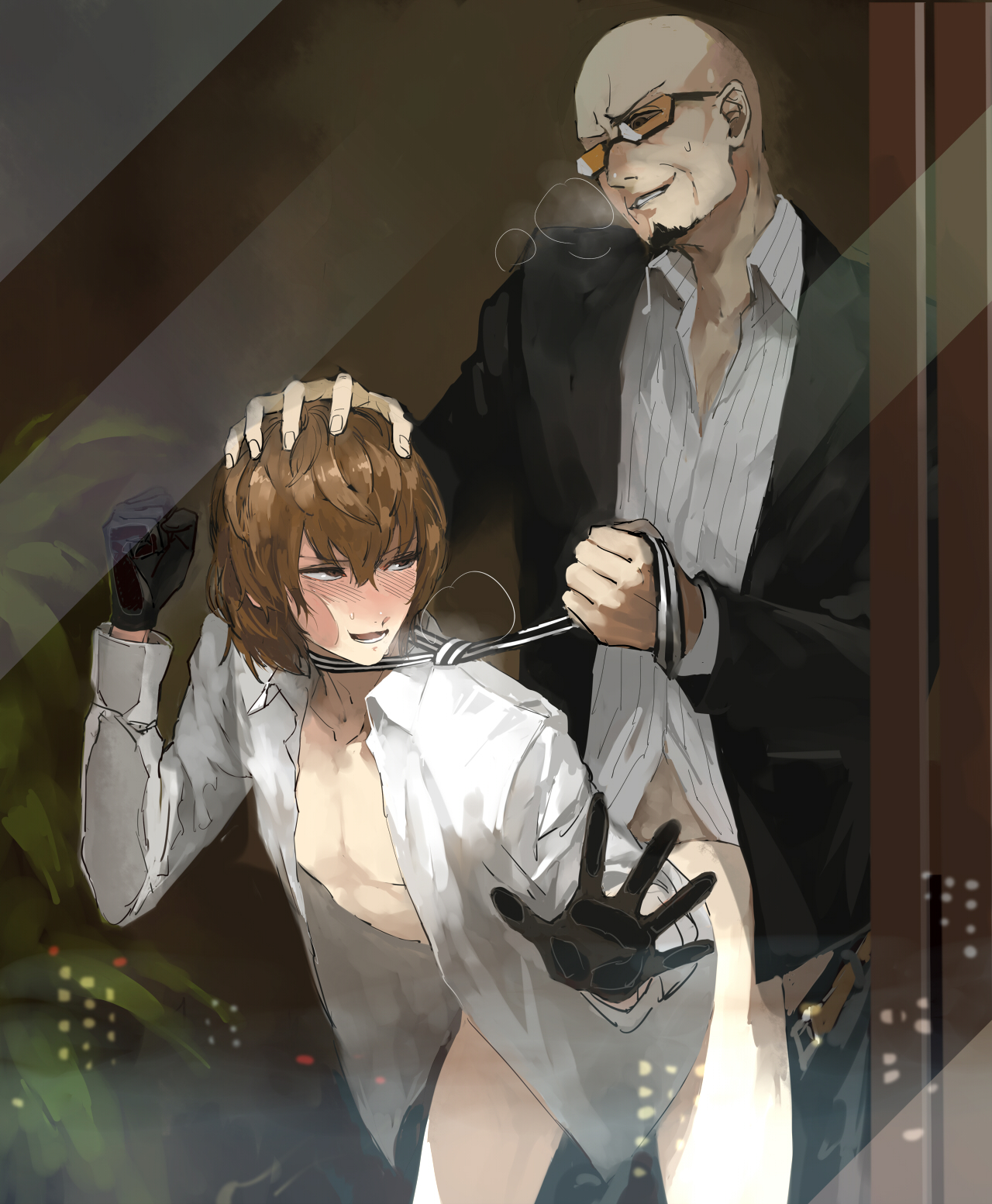 2boys, against glass, age difference, anal, atlus, bent over, bishonen, blush, dubious consent, evil grin, father and son, from behind, gay, gloves, goro akechi, hand on head, incest, male, male only, masayoshi shido, persona, persona 5, questionable consent, shidou masayoshi, size difference, skinny, steam, tie, tinted eyewear, yaoi