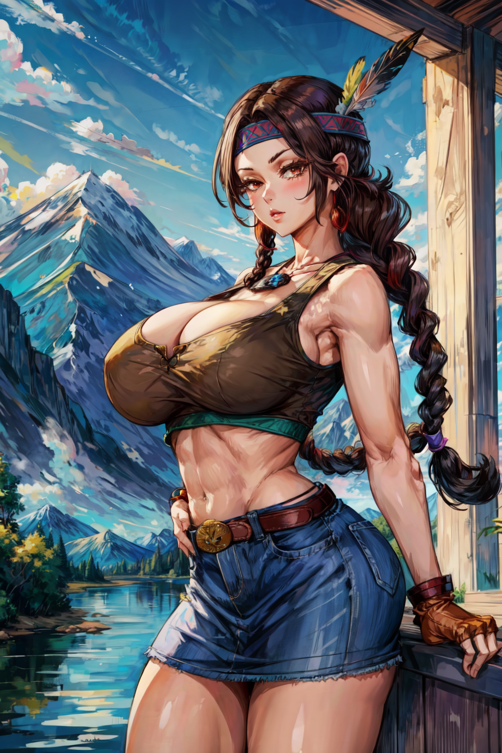 1girls abs ai_generated athletic_female belt big_breasts breasts brown_eyes brown_hair cleavage crop_top denim_skirt feather_in_hair female_abs fingerless_gloves fit_female hair_ornament hand_on_belt headband julia_chang large_breasts long_hair looking_at_viewer midriff mountain namco native_american native_american_female nature navel necklace outdoors outside river short_skirt sideboob stable_diffusion standing tampopo tekken thighs twintails