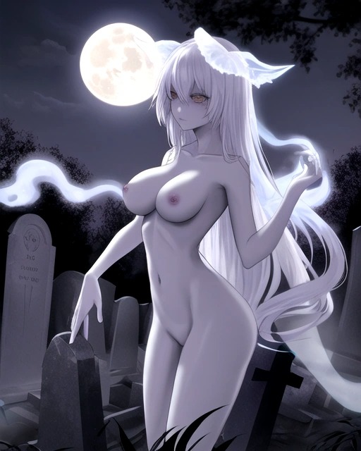 ai_generated full_moon ghost ghost_girl graveyard original_character pink_nipples spooky white_hair yellow_eyes