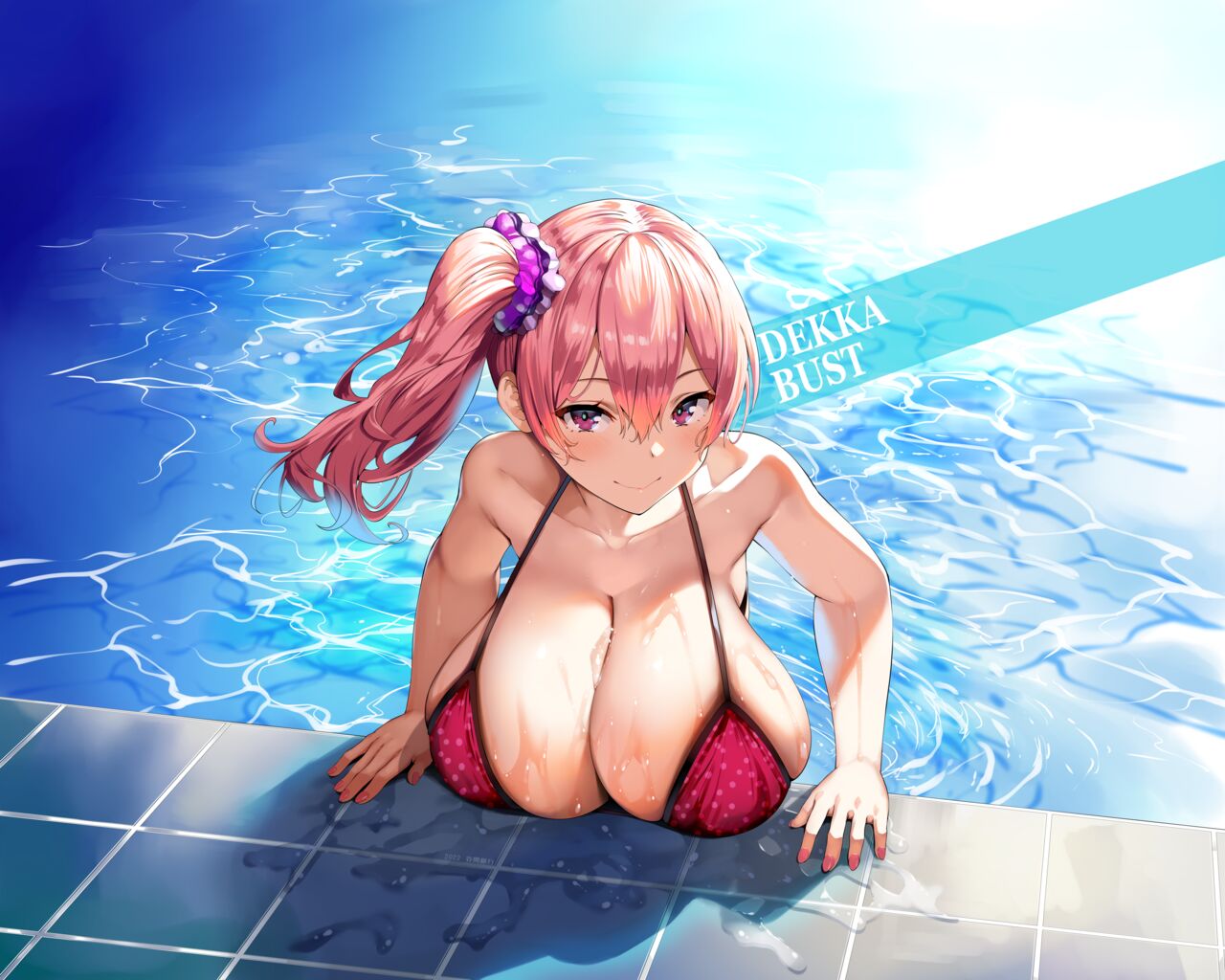 1girls belko big_breasts bikini breasts english_text female female_only gal gyaru gyaru_gal huge_breasts indoor_pool indoors kuro_gyaru large_breasts long_hair looking_at_viewer nail_polish original original_character pink-haired_gyaru_(belko) pink_bikini pink_eyes pink_hair pink_nail_polish pink_nails pink_swimsuit polka_dot polka_dot_bikini polka_dot_swimsuit ponytail scrunchie shiny_hair shiny_skin side_ponytail smile swimming_pool swimsuit tied_hair water