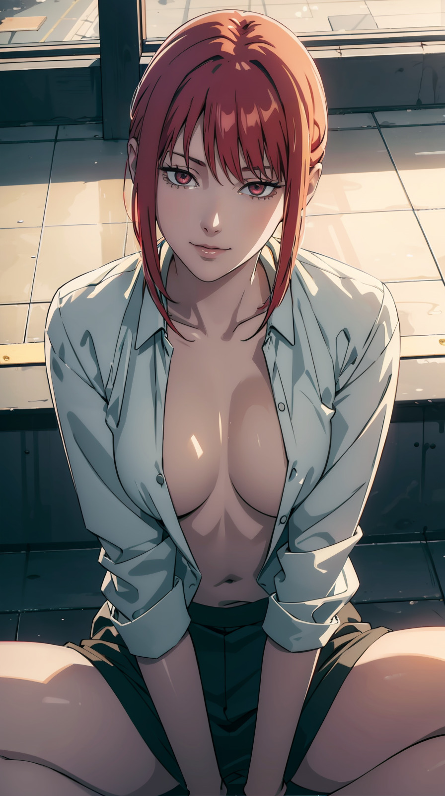 ai generated, bangs, chainsaw man, female, makima (chainsaw man), red hair, stable diffusion, yellow eyes