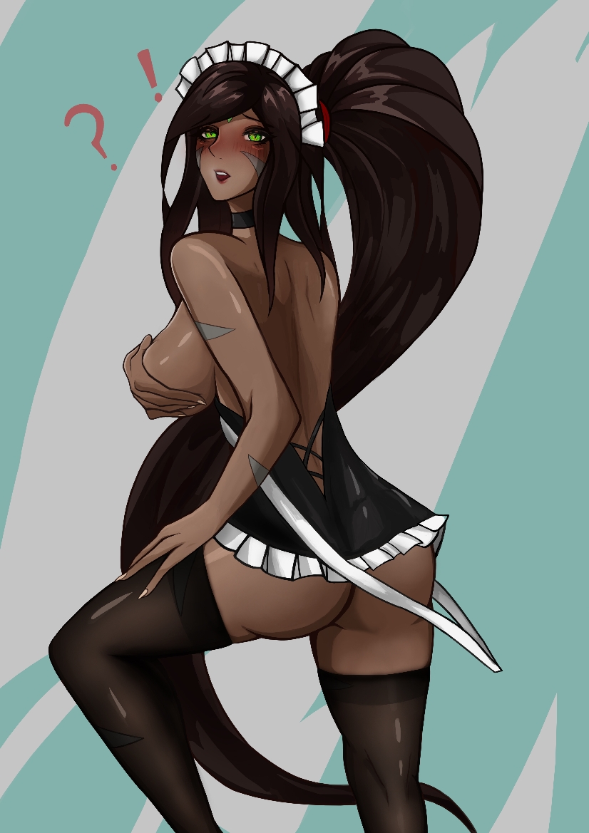 1girls big_ass big_breasts big_butt blush blush_lines blushing_at_viewer covering_breasts dark-skinned_female dark_skin dfg exclamation_mark forehead_gem forehead_jewel french_maid french_maid_nidalee gem_on_forehead green_eyes green_eyes_female jewel_on_forehead large_breasts league_of_legends looking_at_viewer looking_back looking_back_at_viewer maid maid_dress maid_headdress maid_outfit maid_stockings maid_uniform nidalee ponytail ponytail_female question_mark riot_games shocked shocked_expression shocked_eyes simple_background skimpy skimpy_clothes skimpy_outfit stockings the_grind_series topless topless_female tribal_markings tribal_tattoo tribal_tattoos