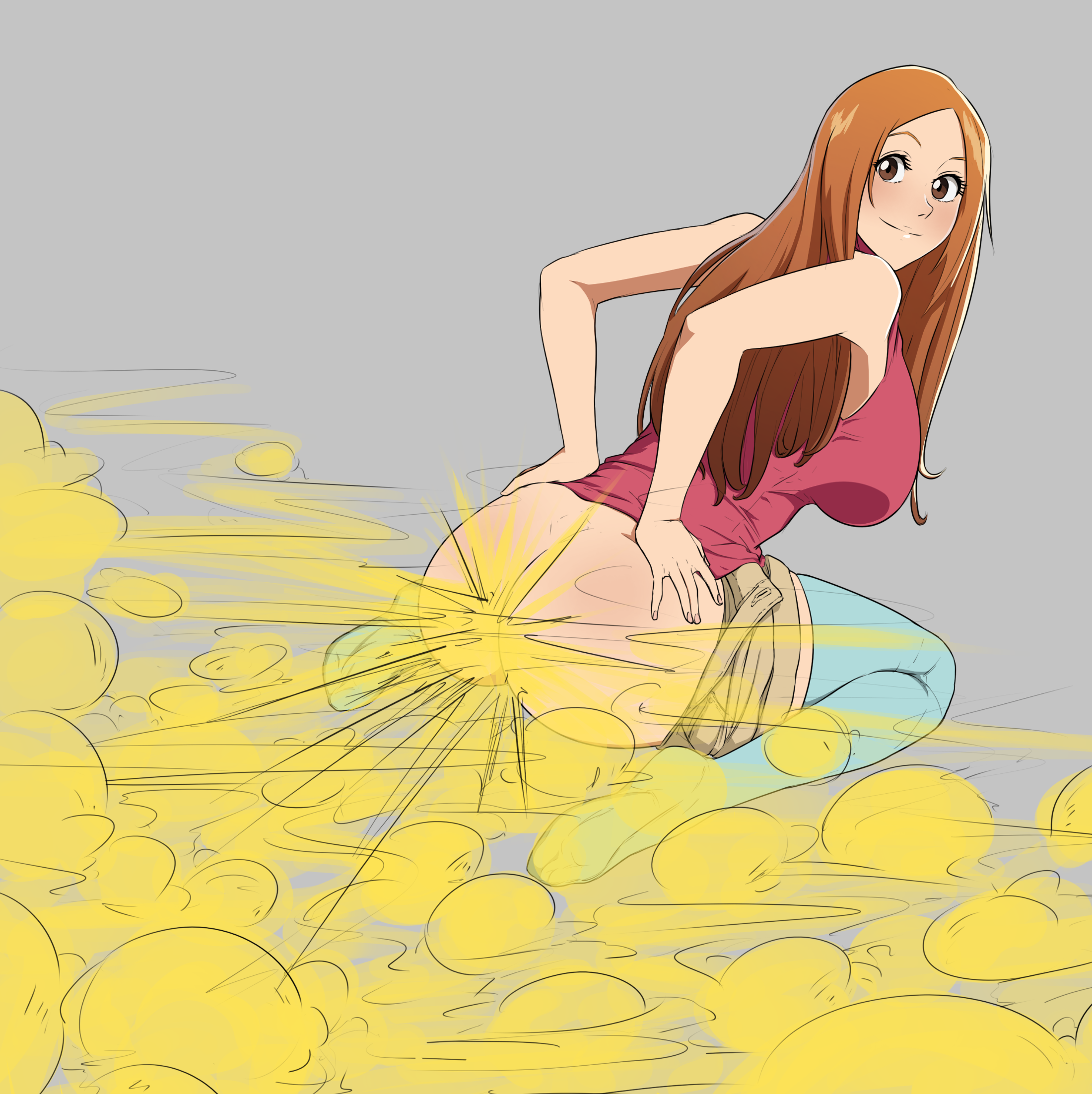 1girls, anonymous artist, ass, big ass, big breasts, big butt, big thighs, blasting ass, bleach, bleach: the thousand-year blood war, breasts, fart, fart cloud, fart everywhere, fart fetish, farting, female, female only, hands on ass, huge ass, huge breasts, huge butt, huge thighs, inoue orihime, large ass, large butt, large thighs, looking at viewer, open mouth, orange hair, shorts down, smile, smiling, smiling at viewer
