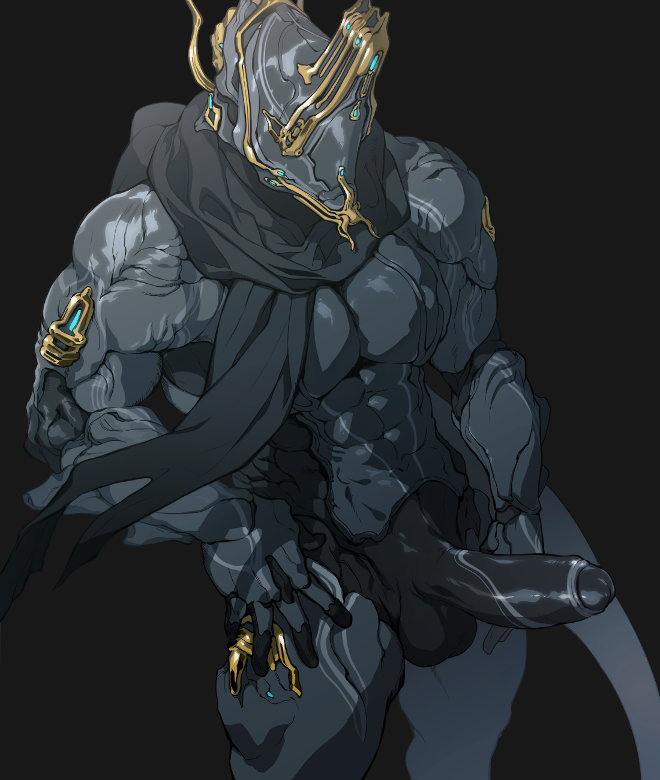 balls erection excalibur_umbra_(warframe) foreskin genitals lotusshim554 male male_only muscular muscular_male not_furry penis simple_background solo standing warframe