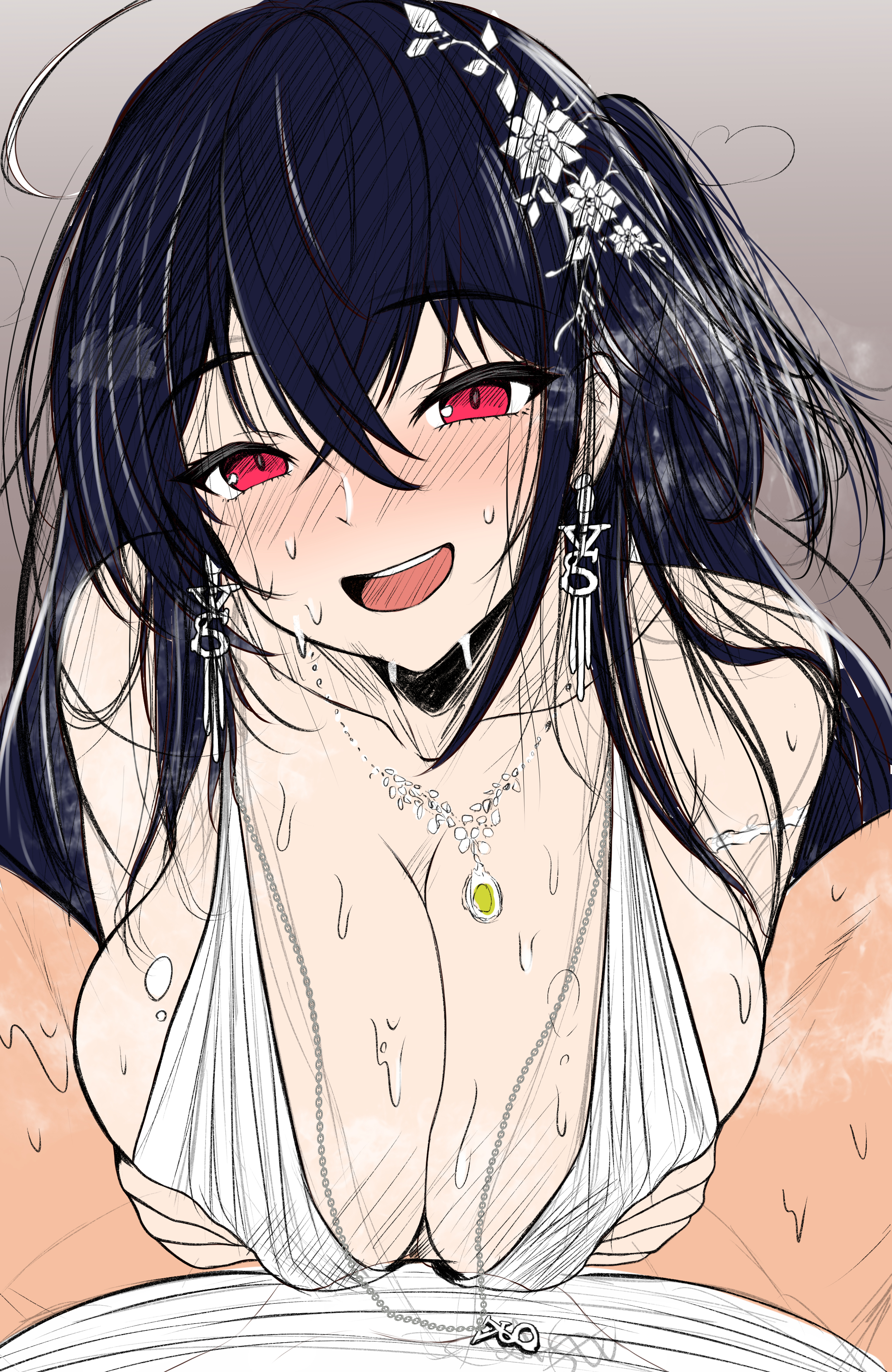1boy, 1girls, absurdres, agachi (shunya12300724), ahoge, azur lane, black hair, blush, breasts, cleavage, dress, earrings, female, hair ornament, happy, highres, jewelry, large breasts, light skin, light-skinned female, light-skinned male, long hair, looking at viewer, male, messy hair, necklace, open mouth, paizuri, red eyes, sakura empire (azur lane), sweat, taihou (azur lane), taihou (temptation on the sea breeze) (azur lane), very long hair, wedding dress