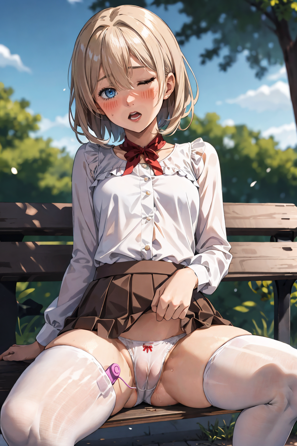 1girls ai_generated bench blonde_female blonde_hair blouse blue_eyes blush bow bow_panties brown_skirt buttons cameltoe clothed clothed_masturbation female heavy_breathing legs_apart legwear lifting_skirt light_skin long_sleeve_shirt long_sleeves looking_at_viewer one_eye_closed one_eye_open open_mouth original panties park park_bench plants public public_masturbation sex_toy sex_toy_in_pussy shirt showing_panties sitting sitting_on_bench skirt skirt_lift skirt_lifted_by_self sky solo solo_female stable_diffusion thighhighs trees underwear vibrator vibrator_in_thighhighs vibrator_under_clothes vibrator_under_panties wet_panties wet_pussy white_blouse white_panties white_thighhighs