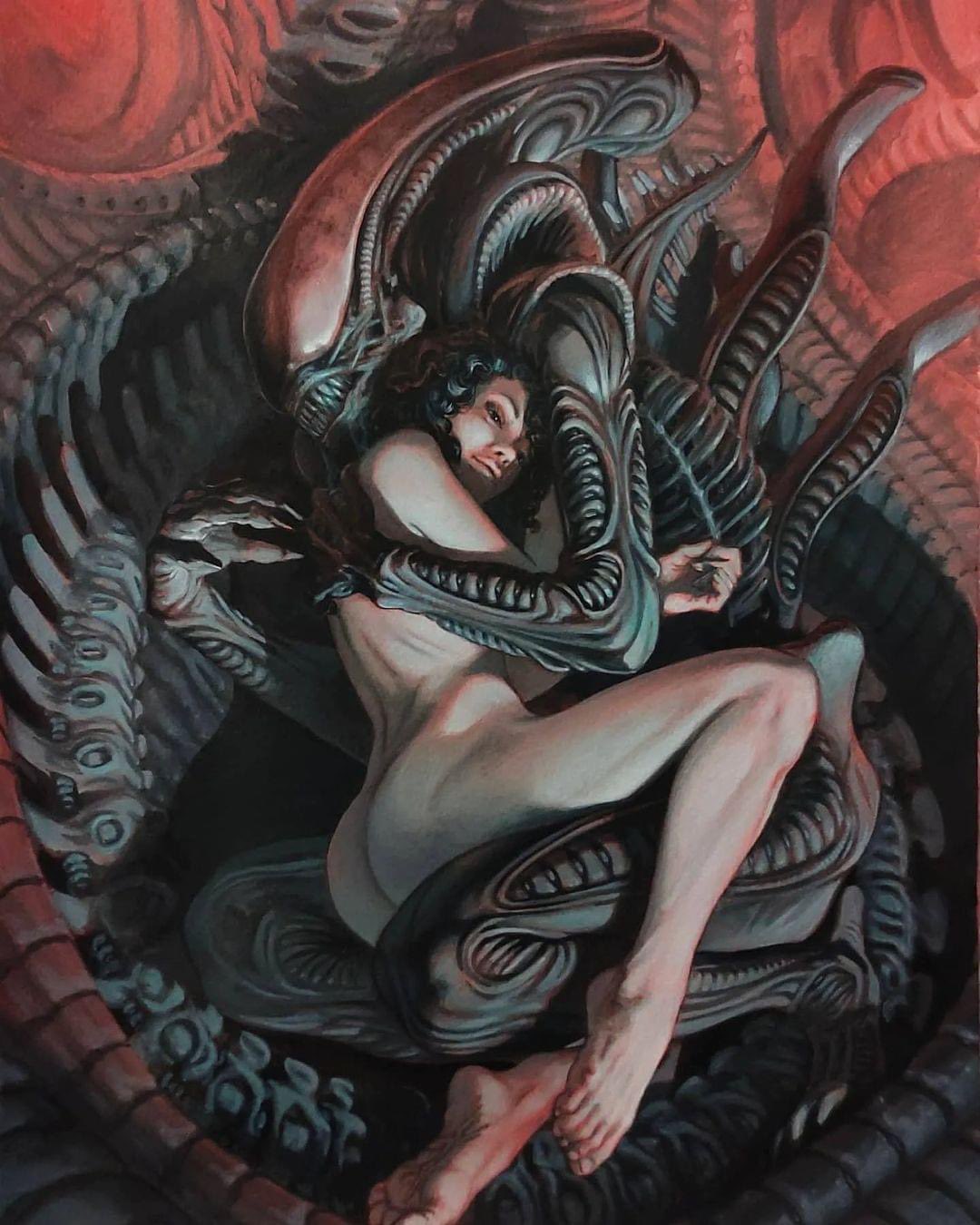 1girls 1other alien_(franchise) andrea_iula brown_hair completely_nude completely_nude_female curly_hair ellen_ripley hug male_xenomorph on_floor teratophilia xenomorph