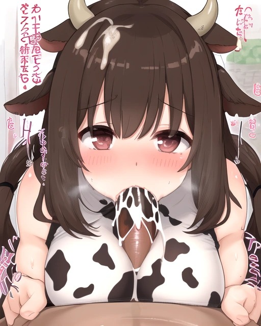 1boy 1girls ai_generated big_breasts blowjob boobjob brown_eyes brown_hair chubby chubby_belly chubby_female cow_ears cow_girl cow_horns cow_print cow_print_topwear cum cum_in_mouth fat fat_female fat_woman fellatio looking_at_viewer original_character paizufella paizuri paizuri_under_clothes