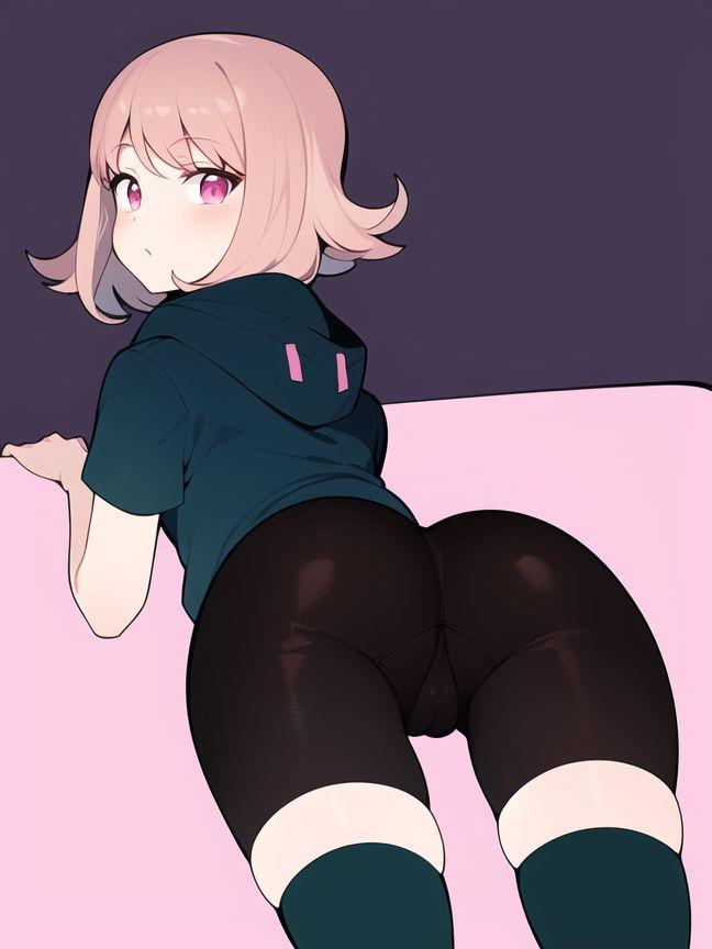 1girls, artist request, ass, ass focus, back view, butt focus, danganronpa, danganronpa 2: goodbye despair, female, female only, laying down, laying on bed, laying on stomach, looking back, nanami chiaki, pink eyes, pink hair, tagme, thick thighs, thighhighs, thighs