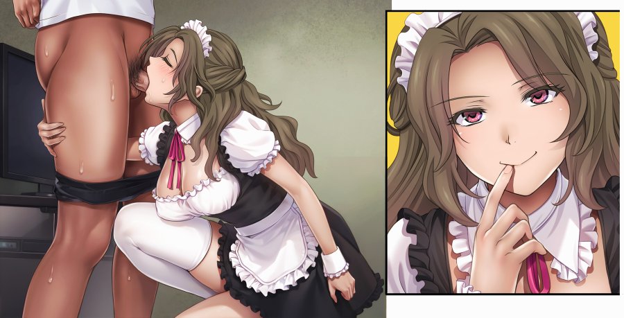 big_breasts blowjob brown_hair cleavage cock cyclone cyclone_(reizei) female female_focus long_hair maid maid_headdress maid_uniform oral_penetration oral_sex original original_character