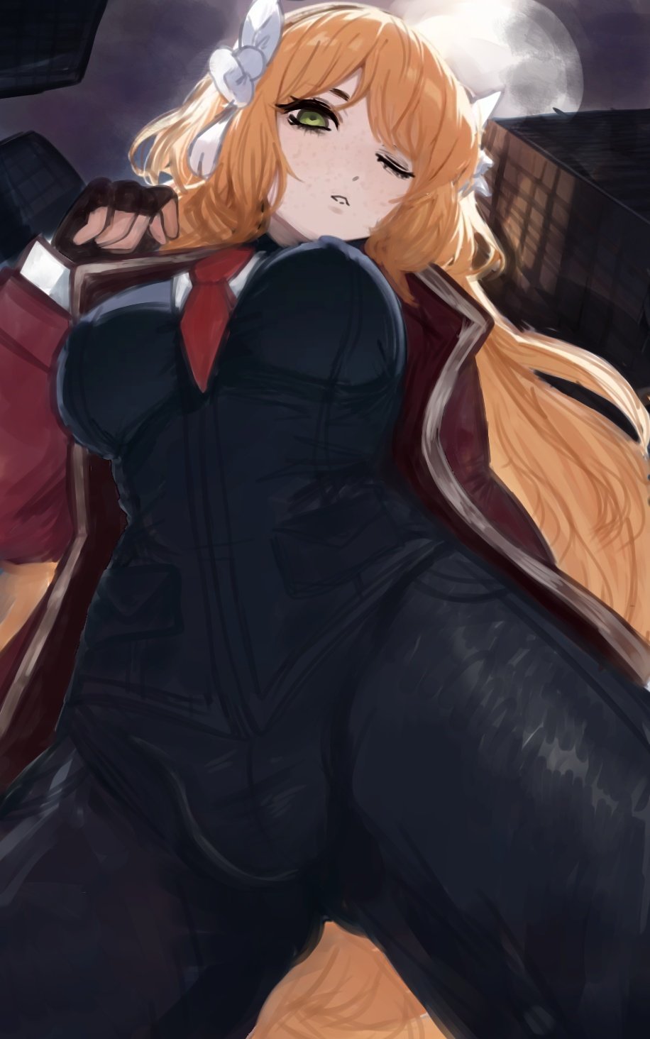 1girls, breasts, female, green eyes, ishmael (limbus company), limbus company, looking at viewer, looking down, nipple bulge, nipples visible through clothing, one eye closed, open mouth, orange hair, project moon, pukaworld, solo