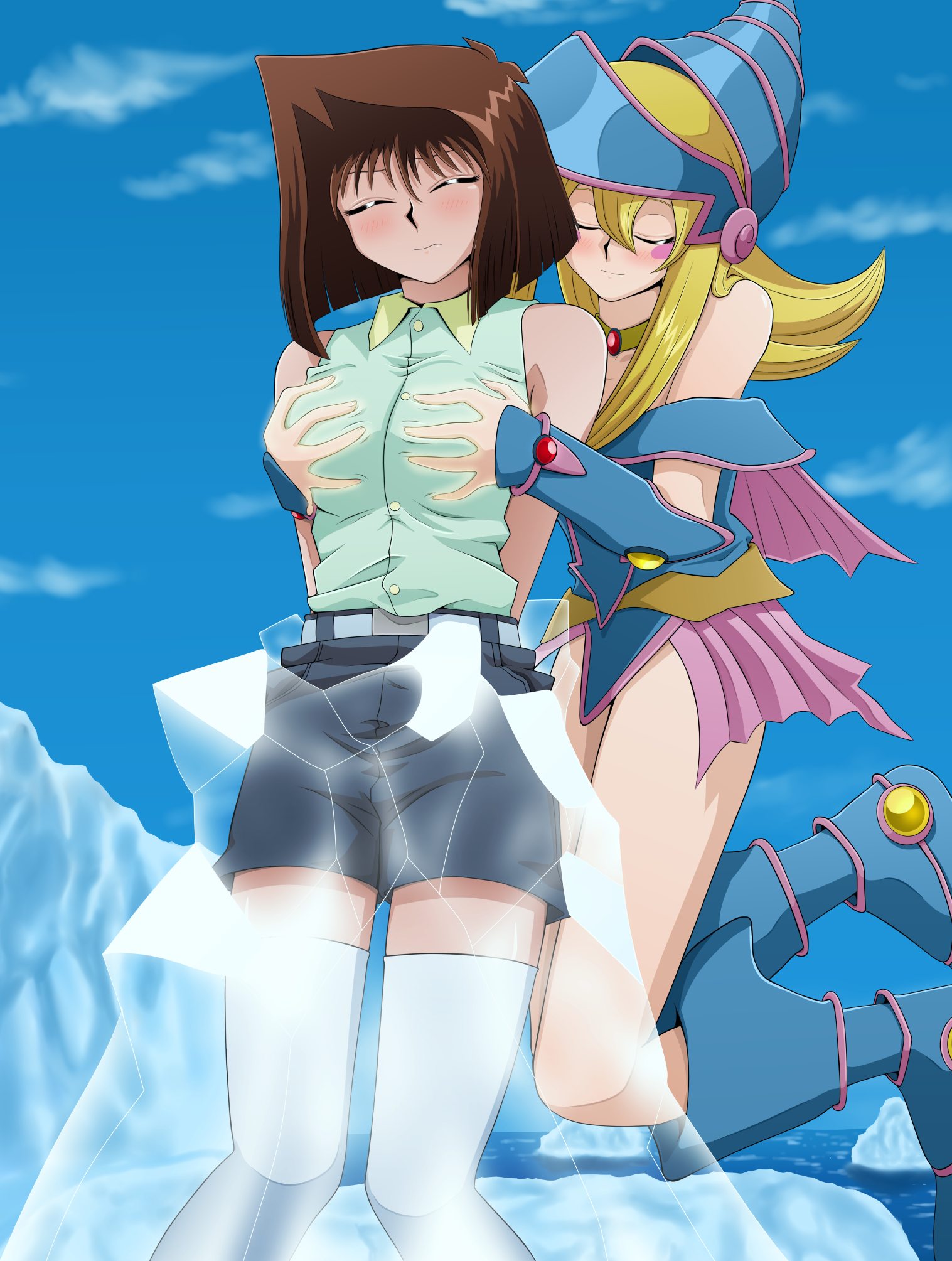 2girls, bad id, bare shoulders, blonde hair, blush, blush stickers, breast grab, breasts, brown hair, choker, closed eyes, clothed, cloud, curvy, dark magician girl, female, female only, femdom, femsub, frozen, grabbing, groping, hat, highres, ice, interspecies, long hair, love (pspdspsp), medium breasts, multiple females, multiple girls, outdoors, shirt, shorts, skirt, sky, sleeveless, sleeveless shirt, stuck, stuck in ice, tea gardner, thighhighs, white legwear, witch hat, yu-gi-oh!, yu-gi-oh! duel monsters, yuri, zettai ryouiki