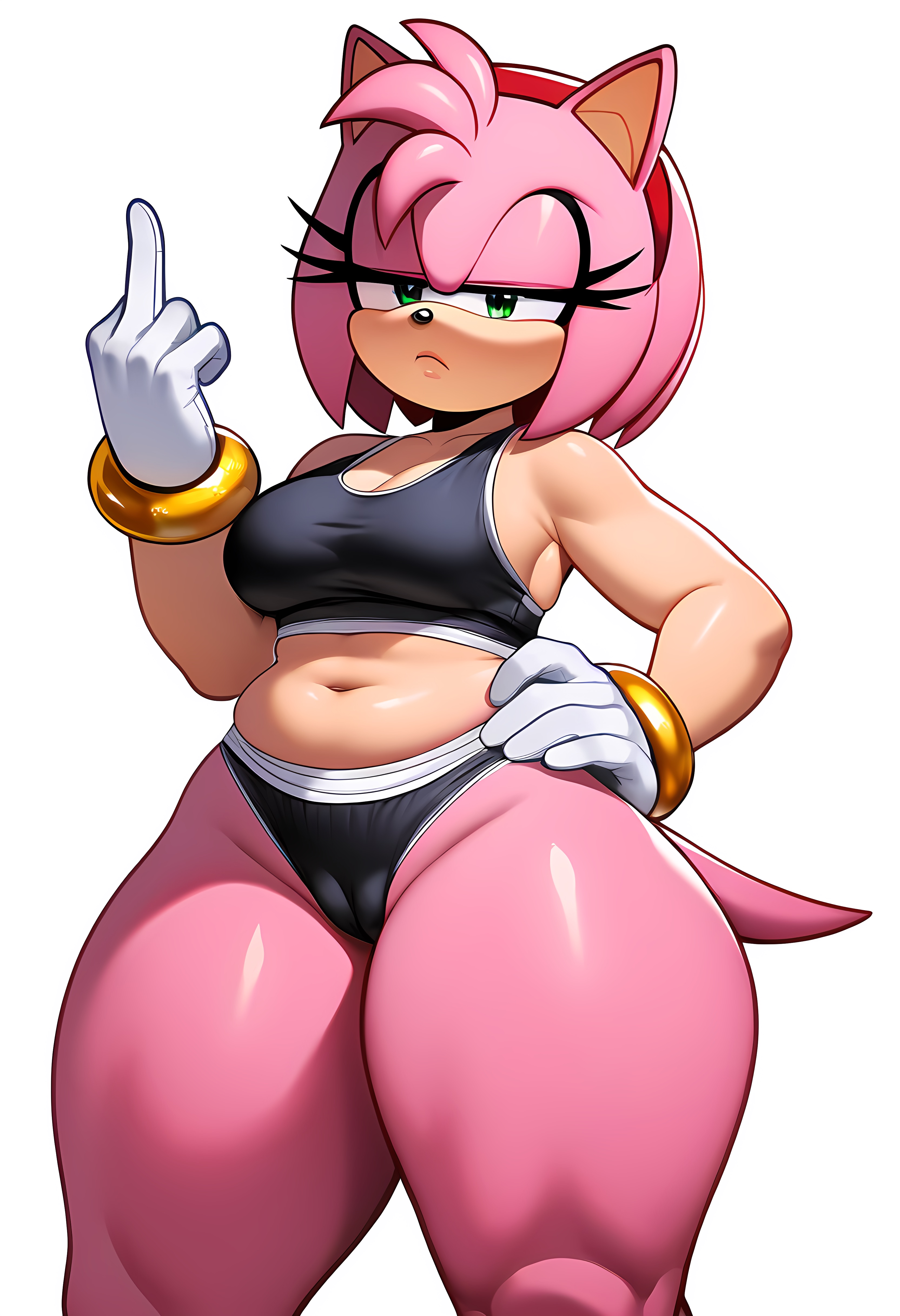 ai generated, amy rose, annoyed, annoyed expression, anthro, breasts, calvin klein, cameltoe, eulipotyphlan, female, female only, frown, fur, furry, gloves, hand on hip, headband, hedgehog, mammal, middle finger, novelai, pink body, pink fur, pink hair, pussy, scut tail, sega, short hair, short tail, simple background, solo, sonic (series), sonic the hedgehog (series), sports bra, tail, that guy9001, thick thighs, underwear, white gloves, wide hips