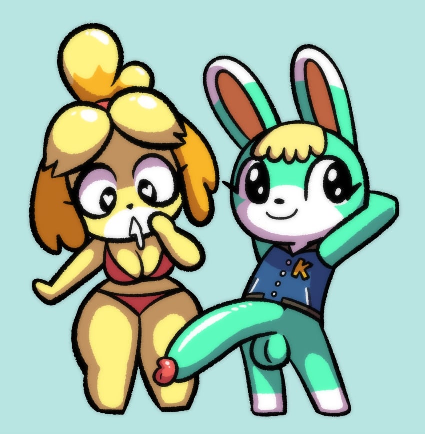 <3_eyes animal_crossing anthro balls big_penis bikini bikini_bottom bikini_top black_eyes black_nose blonde_hair blue_clothing blue_jacket blue_topwear bodily_fluids canid canine canis clothing colored dipstick_ears dipstick_feet domestic_dog drooling duo erection eyelashes featureless_feet featureless_hands feet female fur genitals grey_body grey_fur hair hand_on_face hands_behind_head heart isabelle_(animal_crossing) jacket lagomorph leporid long_ears looking_at_genitalia looking_at_penis looking_at_viewer male mammal multicolored_body multicolored_ears multicolored_fur nintendo pantsless penis penis_awe presenting rabbit red_bikini red_clothing red_swimwear saliva sasha_(animal_crossing) shiba_inu simple_background smile smiling_at_viewer spitz swimwear tied_hair topwear two_tone_body two_tone_fur uncensored white_body white_fur yellow_body yellow_fur yopy