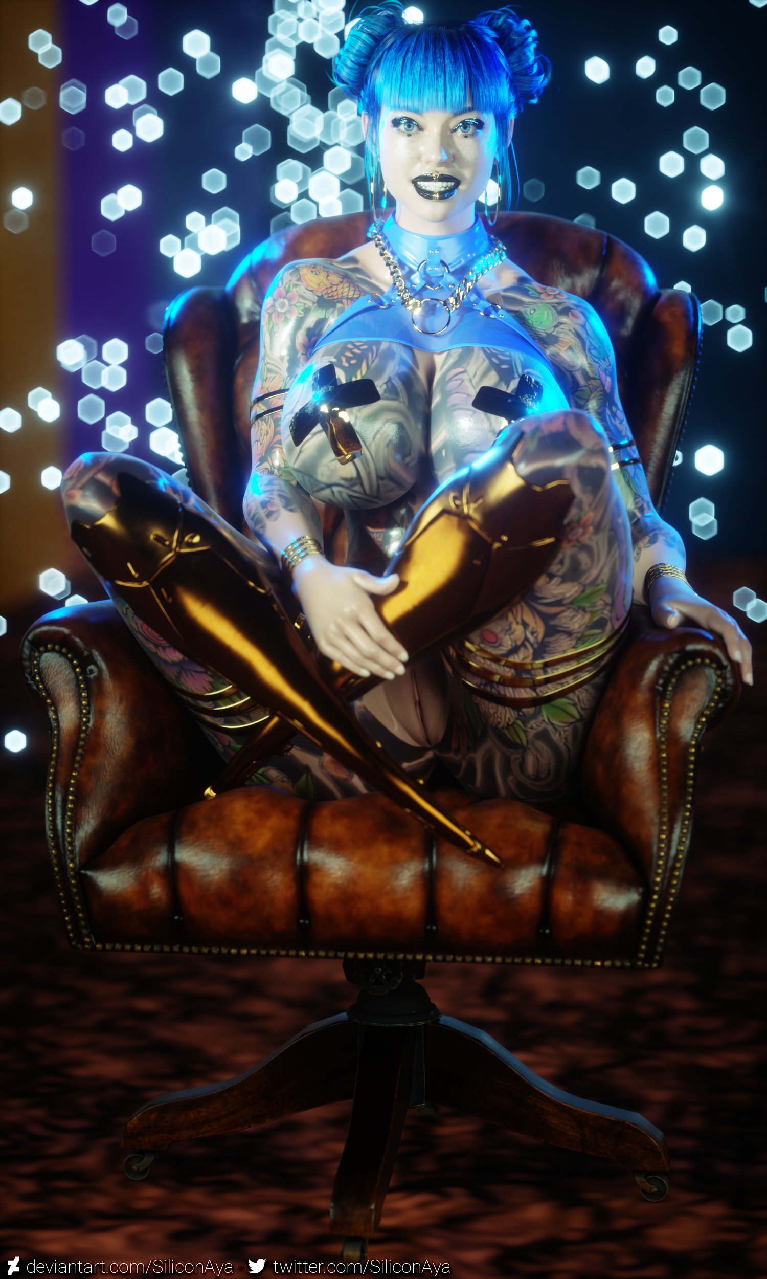 1girls, 3d, 3d (artwork), big breasts, blue eyes, blue hair, bracelet, breasts, cd projekt red, cheri nowlin, cyberpunk 2077, female, female focus, female only, full body tattoo, lipstick, looking at viewer, makeup, naked, naked female, navel, necklace, nude, nude female, pasties, prosthetic, pussy, siliconaya, sitting, sitting on chair, tattoo, tattoos, tattoos everywhere, thick thighs, thighs, vagina, wide hips, x pasties, yakuza tattoo