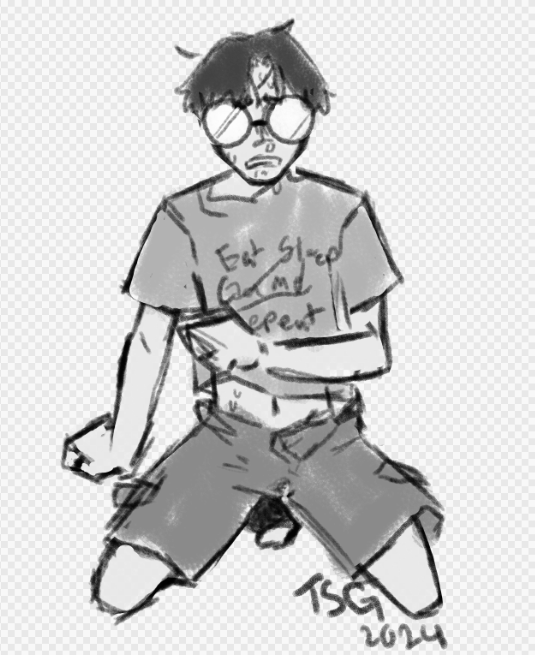 1boy big_glasses black_hair bowl_cut cargo_shorts circle_glasses class_of_'09 digital_drawing_(artwork) digital_media erection erection_under_clothes fear_boner first_porn_of_character glasses jeffery_(class_of_'09) male_only masculine monochrome nerd nerdy_male nervous_sweat precum precum_through_clothing scared scared_expression self_upload solo submissive_male tagme trnssxualgod