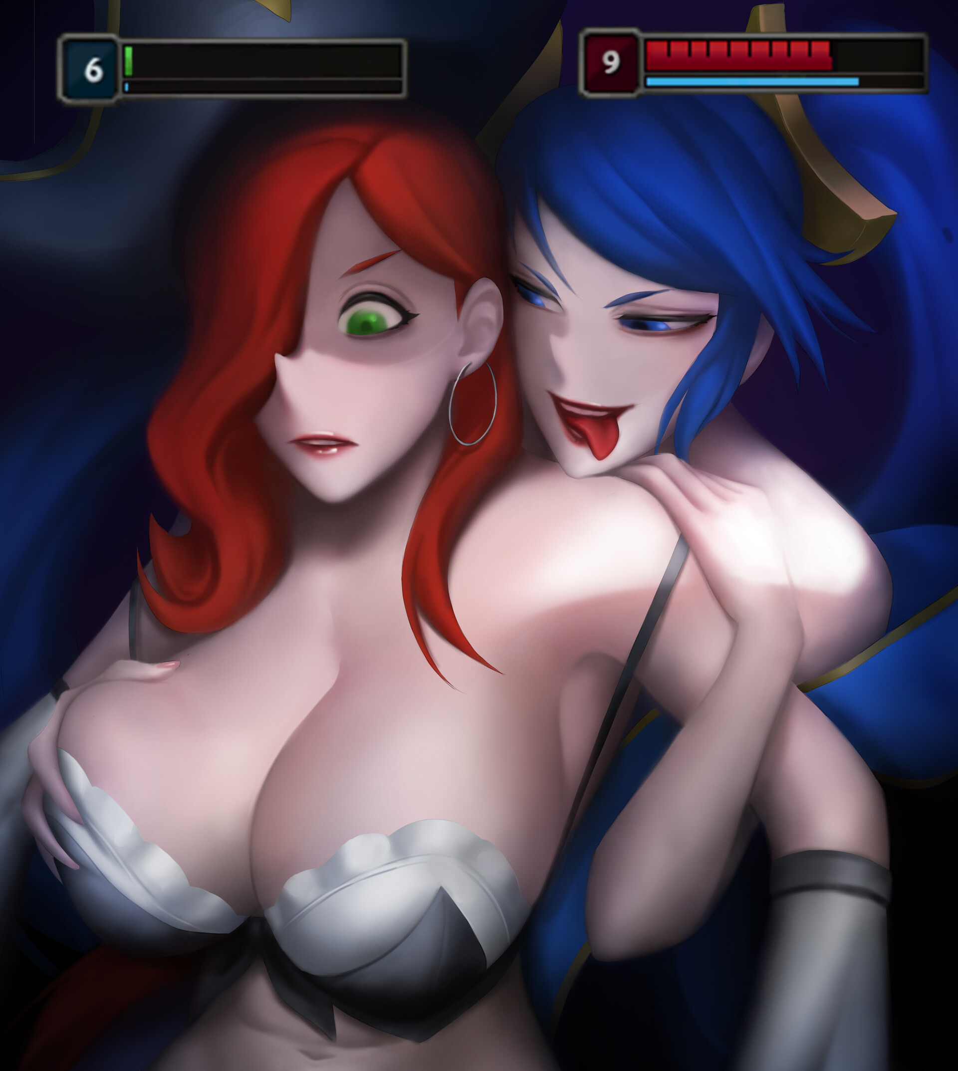 2girls, blue eyes, blue hair, breast grab, breasts, female, gameplay mechanics, grabbing breasts, grabbing from behind, green eyes, grin, health bar, imminent sex, large breasts, league of legends, miss fortune, multiple females, multiple girls, red hair, riot games, sona buvelle, spiralnoww, tongue, tongue out
