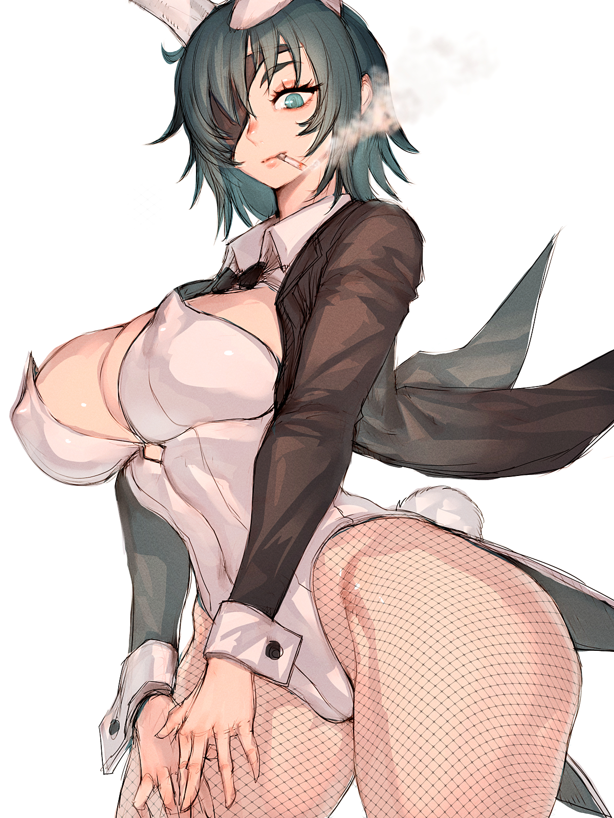 1girls, breasts, bunny ears, bunny girl, bunnysuit, chainsaw man, eyepatch, female, fumio (rsqkr), green hair, himeno (chainsaw man), huge breasts, light skin, light-skinned female, thick thighs, wide hips