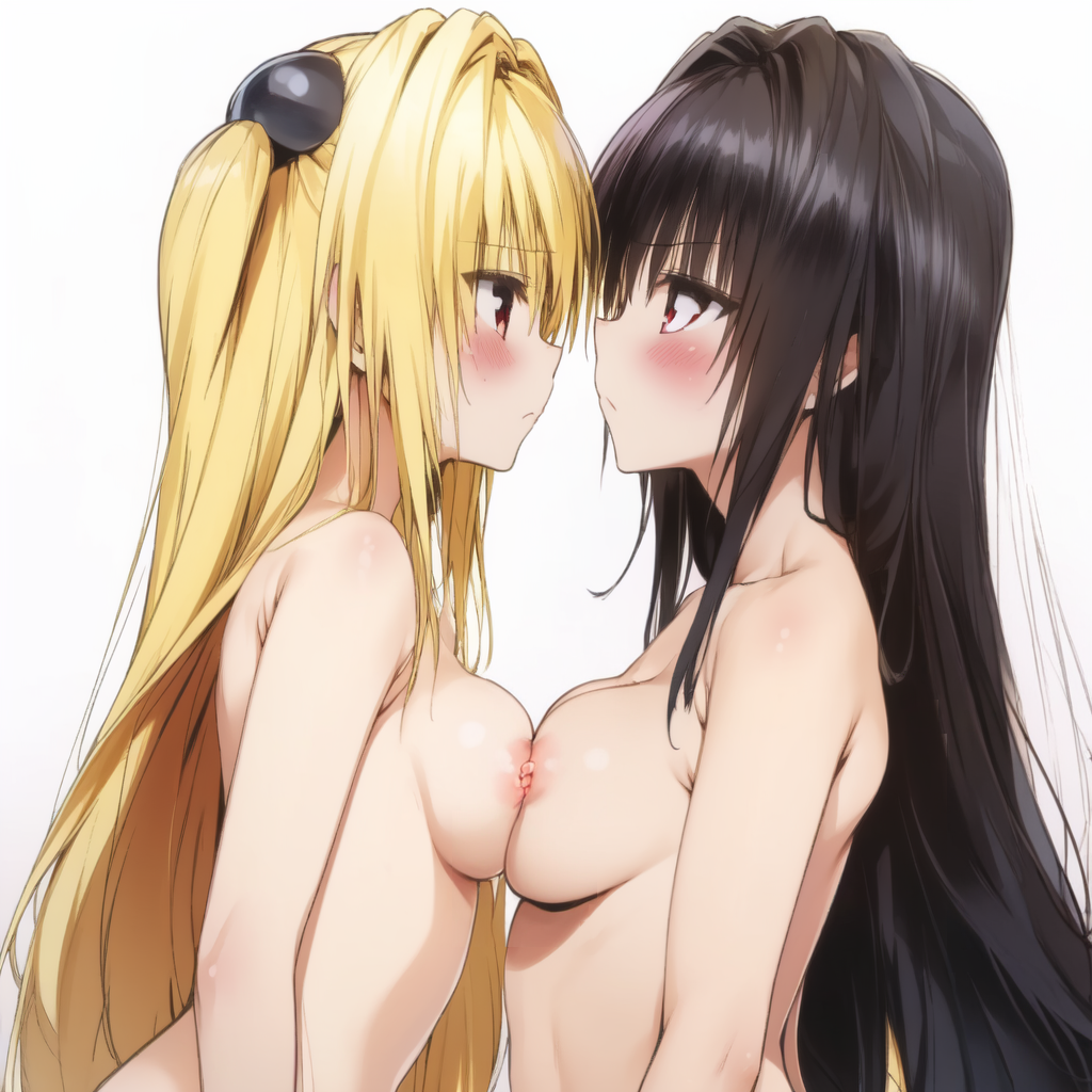 2girls ai_generated asymmetrical_docking black_hair blonde_hair blush breast_press breasts eye_contact hair_ornament konjiki_no_yami kotegawa_yui long_hair looking_at_another medium_breasts metadata_request multiple_girls nipples nude red_eyes sa_(user_grtx4785) simple_background symmetrical_docking to_love-ru to_love-ru_darkness two_side_up very_long_hair white_background yuri