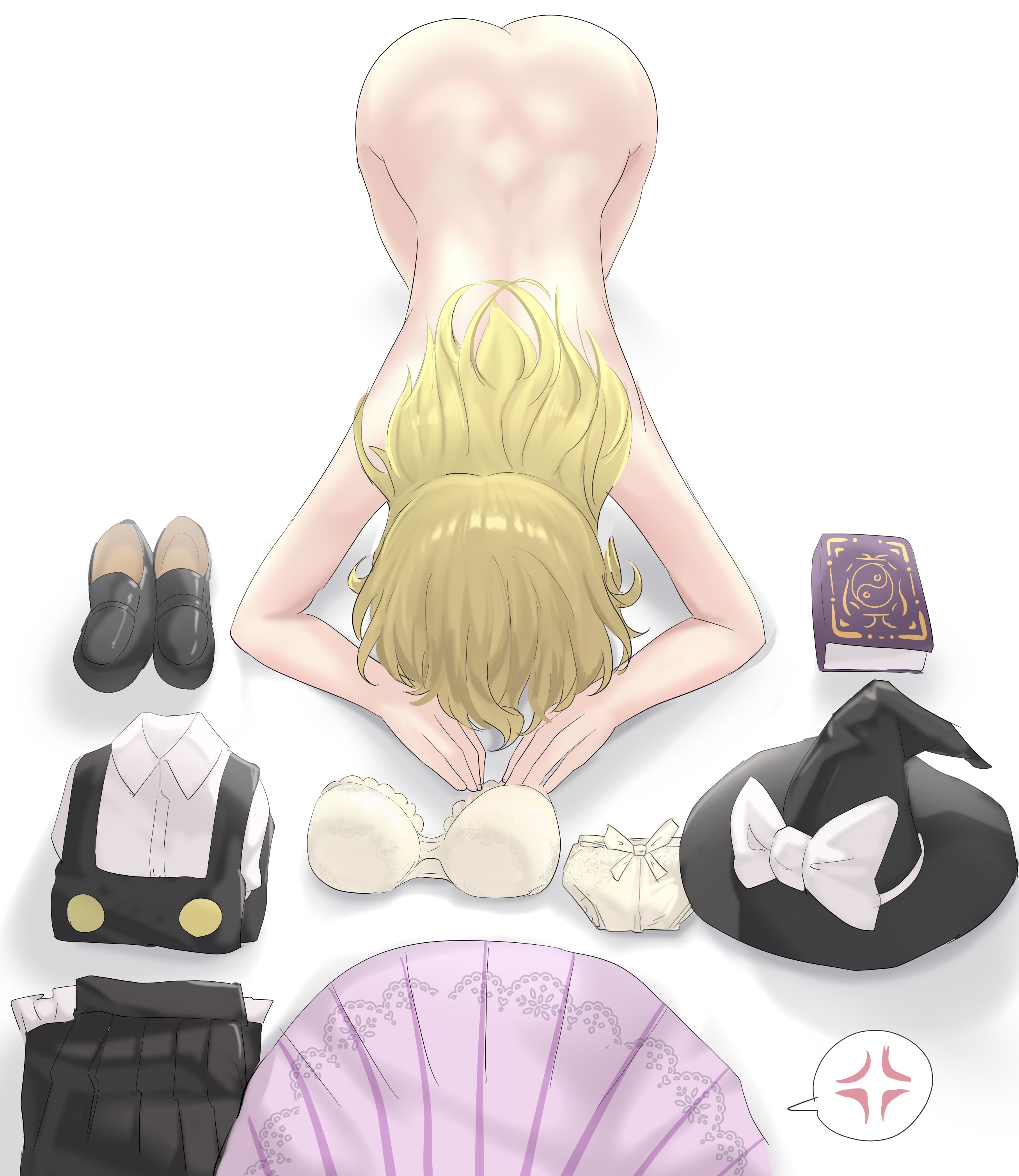 2girls, angry, apologizing, ass, black clothing, blonde hair, bowing, bra, dogeza, female, humiliation, large ass, long hair, marisa kirisame, multiple females, multiple girls, naked dogeza, nude, nudity, panties, patchouli knowledge, pov, purple dress, removed clothing, spoken anger vein, stripped, tagme, touhou, underwear, witch hat, youmu-kun