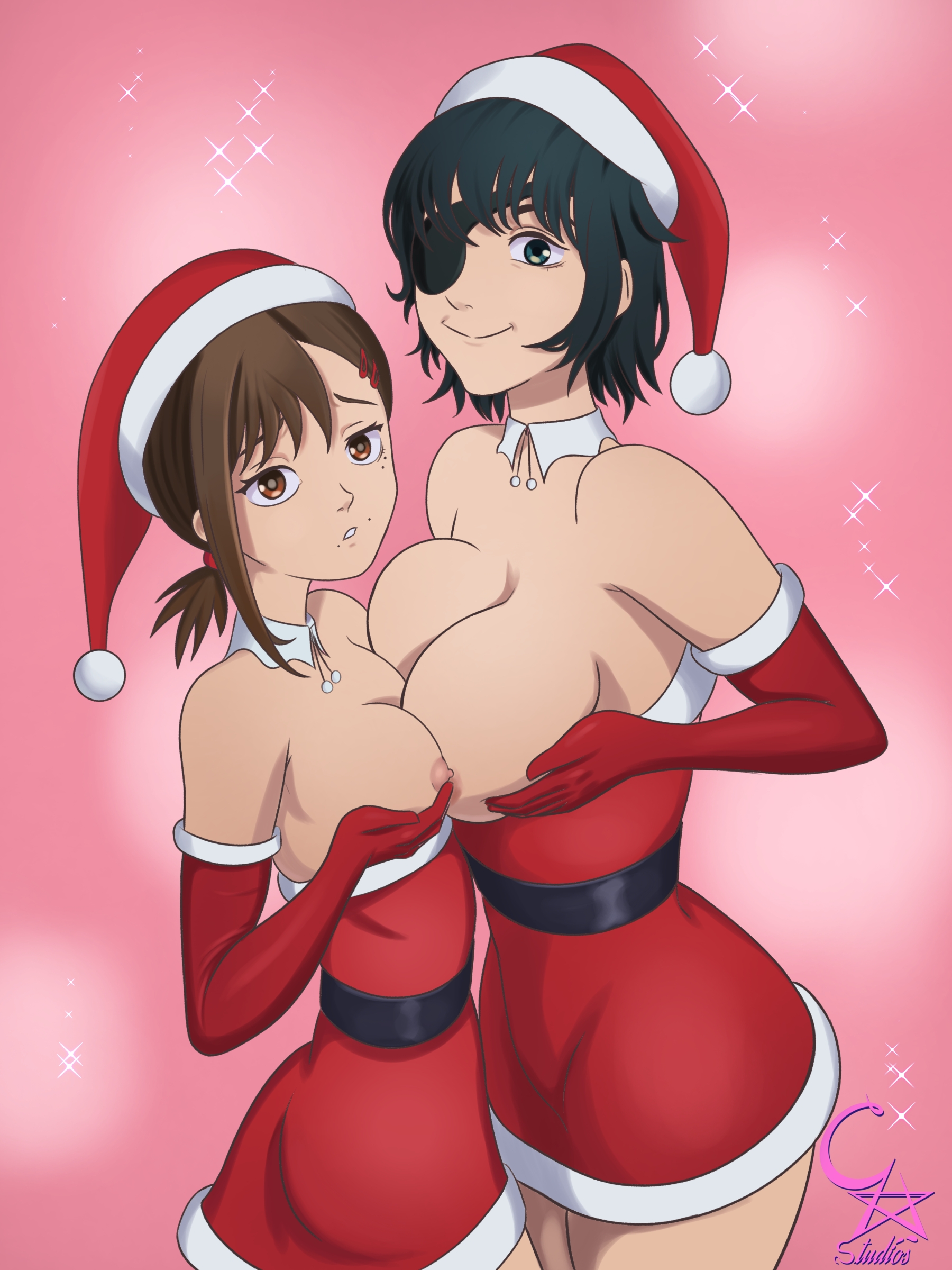 2girls, ass, big ass, breast press, breasts, breasts to breasts, chainsaw man, christmas, christmas outfit, cleavage, cockstar studios, female, female only, higashiyama kobeni, himeno (chainsaw man), looking at viewer, mappa, multiple females, multiple girls, santa hat, smile, thick thighs, topless, yuri