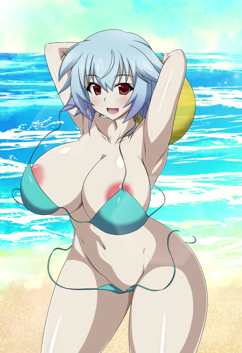 1girls aqua_bikini armpits arms_behind_head ball beach beach_ball big_breasts bikini bikini_malfunction blue_hair breasts busty cleavage highres infinite_stratos large_breasts legs looking_at_viewer navel nipples ocean open_mouth pose posing red_eyes sarashiki_tatenashi sensual sexy_armpits short_hair smile solo space_gorilla swimsuit thick_thighs thighs untied_bikini wardrobe_malfunction water