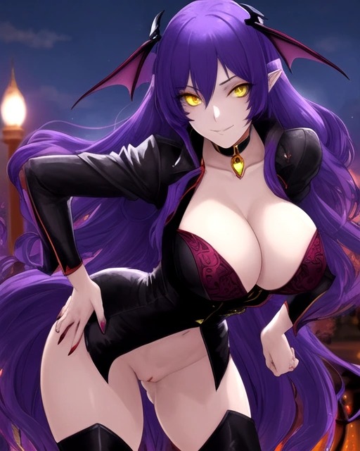 ai_generated female female_focus female_only hand_on_hip huge_breasts leaning_forward looking_at_viewer original_character purple_hair purple_hair_female street_light vampire vampire_girl yellow_eyes