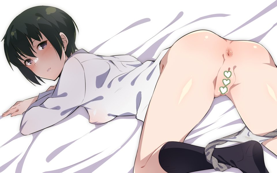 anus ass black_hair blush breasts censored censored_pussy em_(totsuzen_no_hakike) female grey_panties heart_censor kino kino_(kino_no_tabi) kino_no_tabi looking_at_viewer open_mouth panties panty_pull purple_eyes pussy shirt short_hair small_breasts solo top-down_bottom-up underwear white_shirt