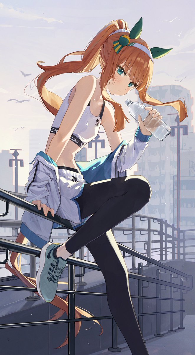 black_leggings blush bottle city_background female female female_only green_eyes highres holding_bottle horse_ears horse_girl horse_tail jacket jacket_off_shoulders leggings long_hair looking_at_viewer nike ningengokko24_(artist) orange_hair petite petite_body ponytail shorts silence_suzuka_(umamusume) sitting_on_fence sports_bra sportswear sweat umamusume white_headband white_shorts white_sports_bra