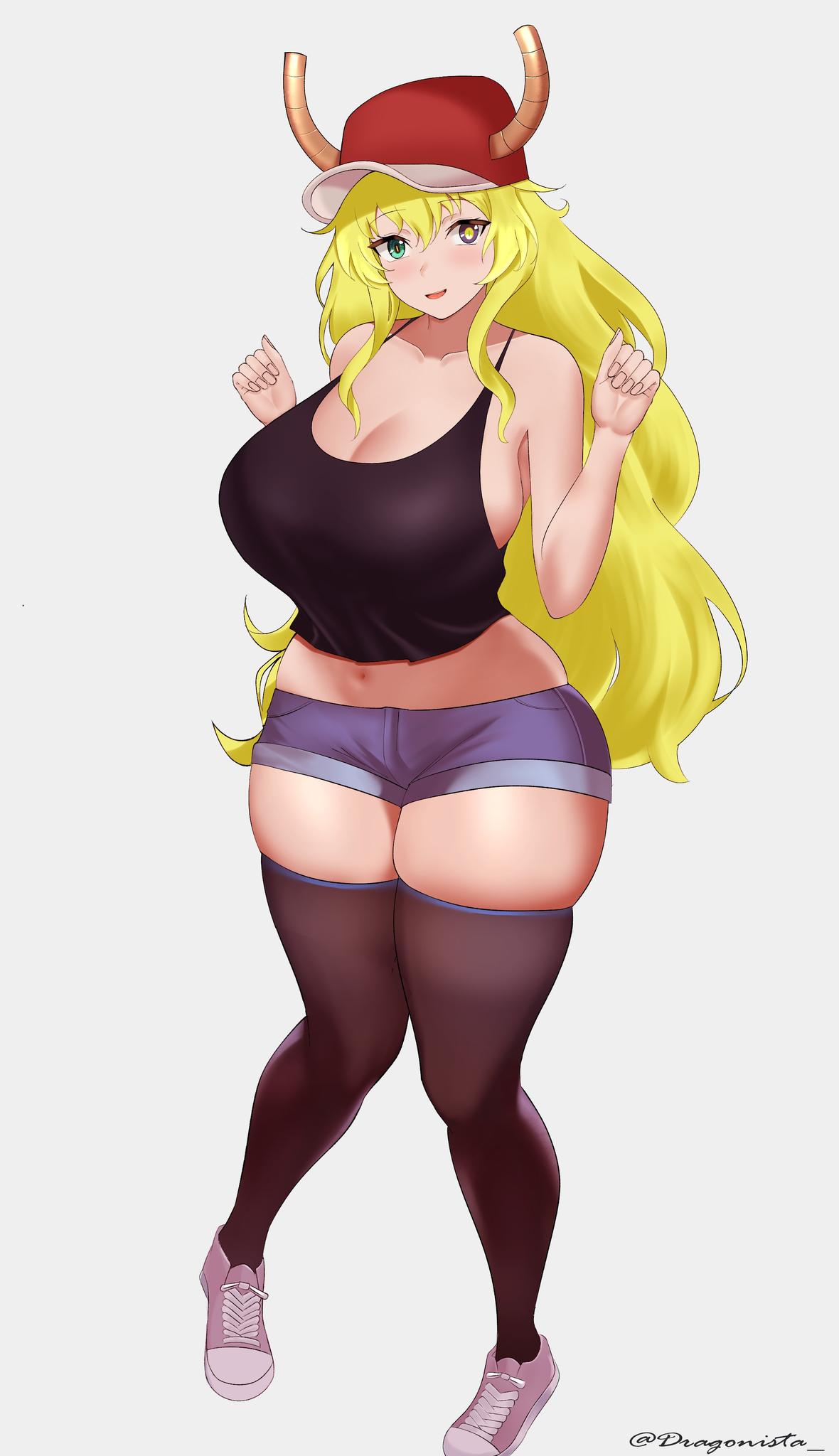 1girls, breasts, denim shorts, dragonista , female, female only, full body, huge breasts, jean shorts, kobayashi-san chi no maidragon, lucoa, lucoa (maidragon), quetzalcoatl (miss kobayashi's dragon maid), shoes, solo, standing, thick thighs, wide hips