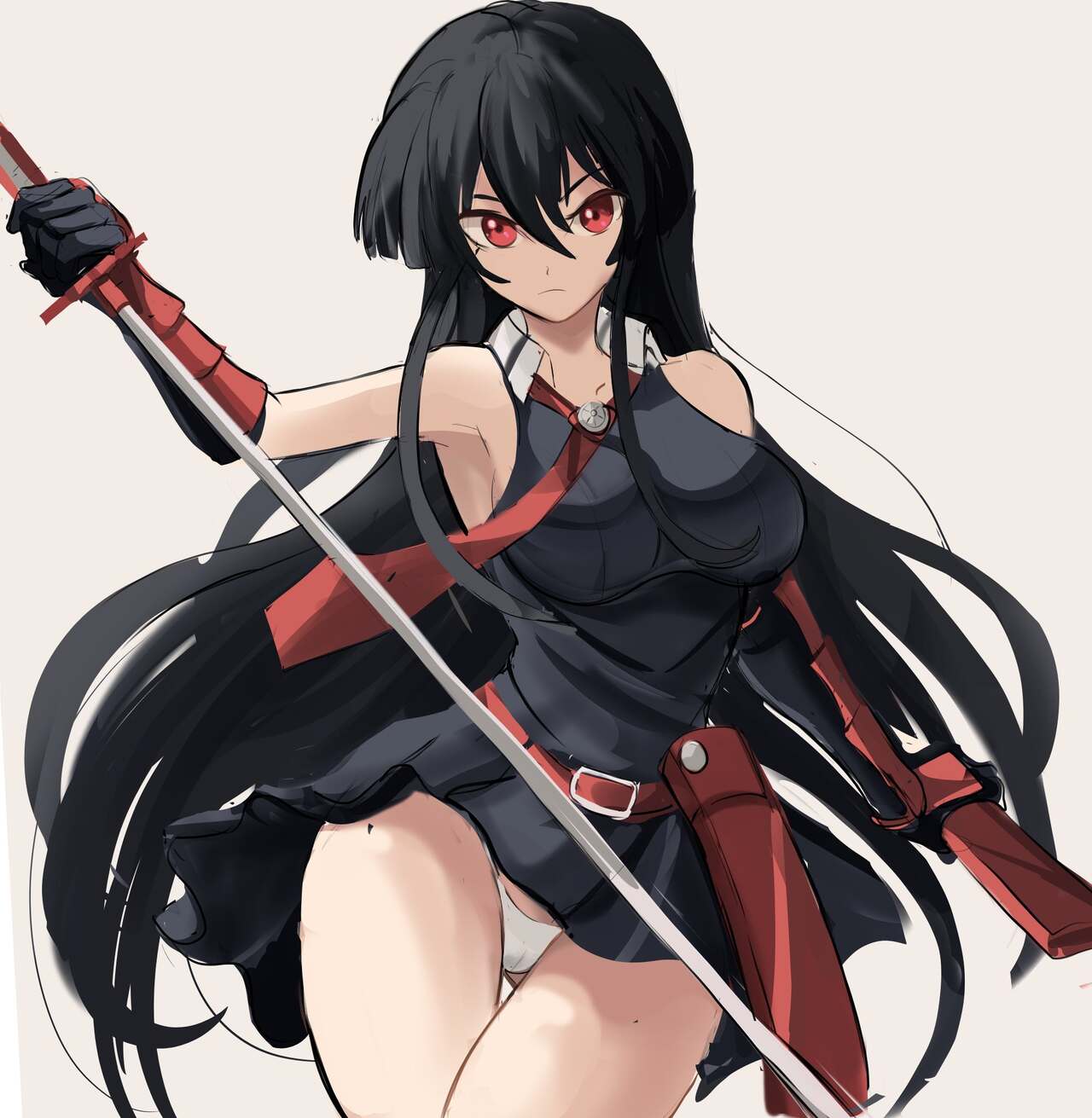 1girls akame_(akame_ga_kill!) akame_ga_kill! big_breasts black_hair breasts kuudere long_hair looking_at_viewer panties rakeemspoon red_eyes skirt solo solo_female sword thong white_thong