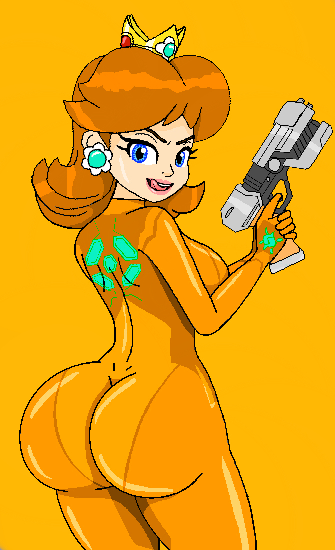 1girls ass blue_eyes bodysuit breasts brown_hair bubble_ass bubble_butt chiboy622 clothed clothing cosplay crossover crown ear_piercing female female_only flower flower_earrings gun holding holding_gun holding_object holding_weapon large_breasts lipstick looking_at_viewer looking_back mario_(series) metroid naughty_face nintendo open_mouth orange_background photoshop princess_daisy samus_aran_(cosplay) seductive seductive_smile short_hair sideboob simple_background skyfall1999 solo standing thick_ass third_party_edit tight_clothing weapon white_skin yellow_bodysuit zero_suit