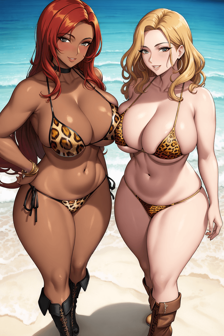 2girls ai_generated beach belly belly_button big_breasts bikini blonde_hair blue_eyes blush boots bracelet breast_press breasts breasts_bigger_than_head chocolate_and_vanilla cleavage collar commentary_request curvaceous curvy curvy_female curvy_figure dark-skinned_female dark_skin enormous_breasts female female_only hourglass_figure huge_breasts leather leather_boots leopard_print lia_the_busty_redhead light-skinned_female light_skin long_hair looking_at_viewer mature_female medium_hair oc original original_character outdoors red_hair revealing_clothes seductive seductive_look self_upload skimpy skimpy_clothes smile smiling smiling_at_viewer tagme tanned tanned_female tanned_skin thick_thighs thighs unstable_diffusion voluptuous voluptuous_female water wavy_hair white_body white_skin