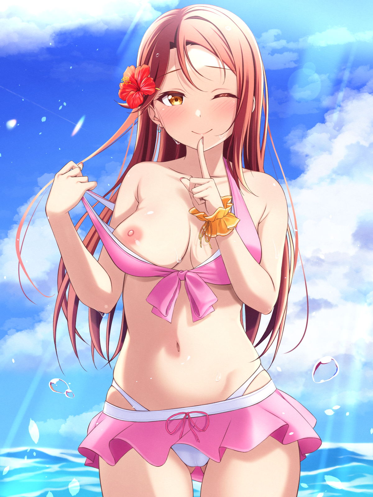 ;), 1girls, bikini, bikini pull, bikini skirt, bikini top pull, blue sky, breasts, brown hair, cameltoe, closed mouth, clothes pull, cloud, collarbone, cowboy shot, day, female, female focus, female only, finger to mouth, flower, hair flower, hair ornament, hi res, hibiscus, lens flare, long hair, looking at viewer, love live!, love live! sunshine!!, medium breasts, mobukichi, nipples, one breast out, one eye closed, outdoors, pink bikini, pulled by self, pussy, red flower, red hair, sakurauchi riko, see-through, sky, smile, solo, solo female, solo focus, standing, straight hair, strap pull, summer, sunlight, swimsuit, very long hair, water, yellow eyes