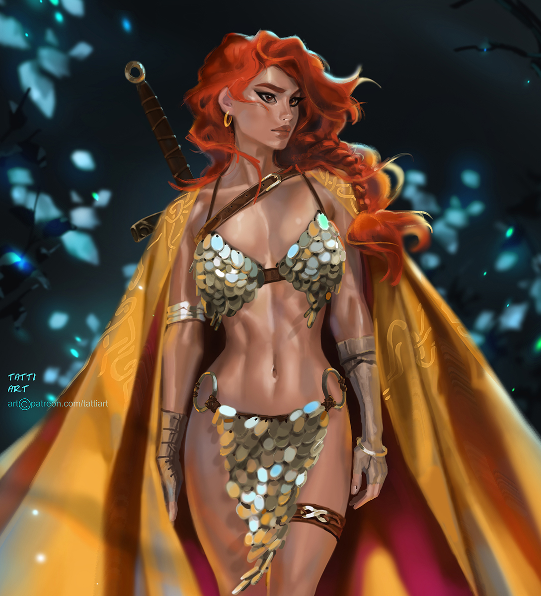 1girls, bikini armor, braid, breasts, cape, chainmail, chainmail bikini, cleavage, earrings, female, female only, fit, fit female, gloves, hourglass figure, large breasts, loincloth, long hair, marvel, marvel comics, midriff, red eyes, red hair, red sonja, red sonja (comics), single braid, solo, solo female, sword, tattiart, warrior