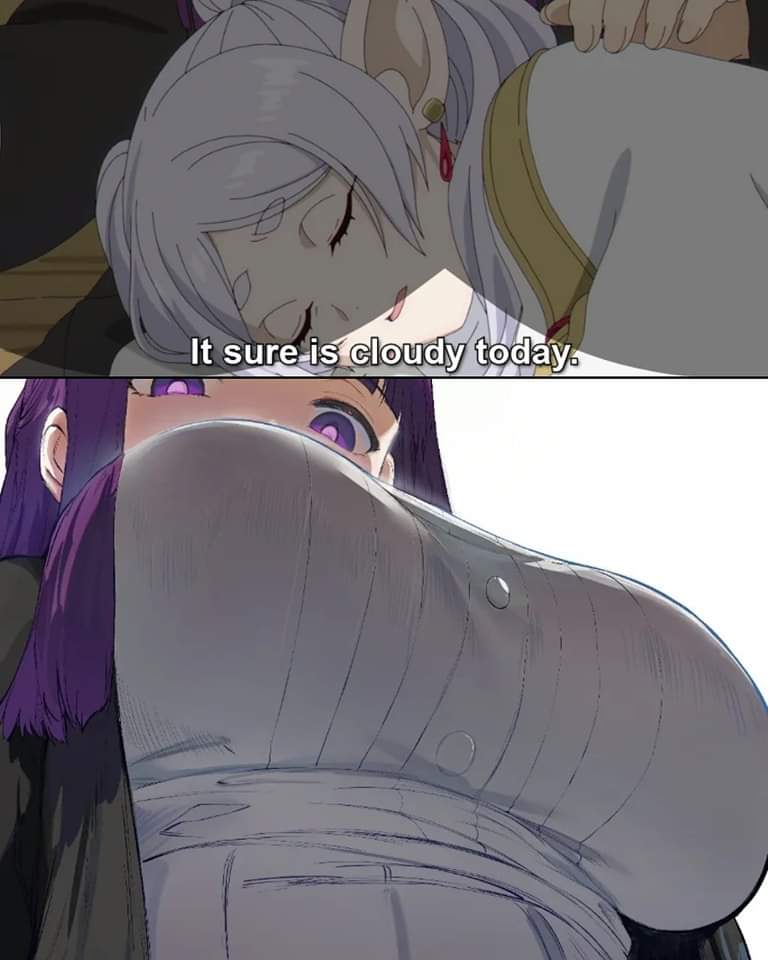 2girls boob_shadow breasts busty canon elf elf_ears elf_female elf_girl english_text female female_only fern_(sousou_no_frieren) frieren huge_breasts looking_at_viewer looking_down looking_down_at_viewer low-angle_view multiple_girls shadow sousou_no_frieren text