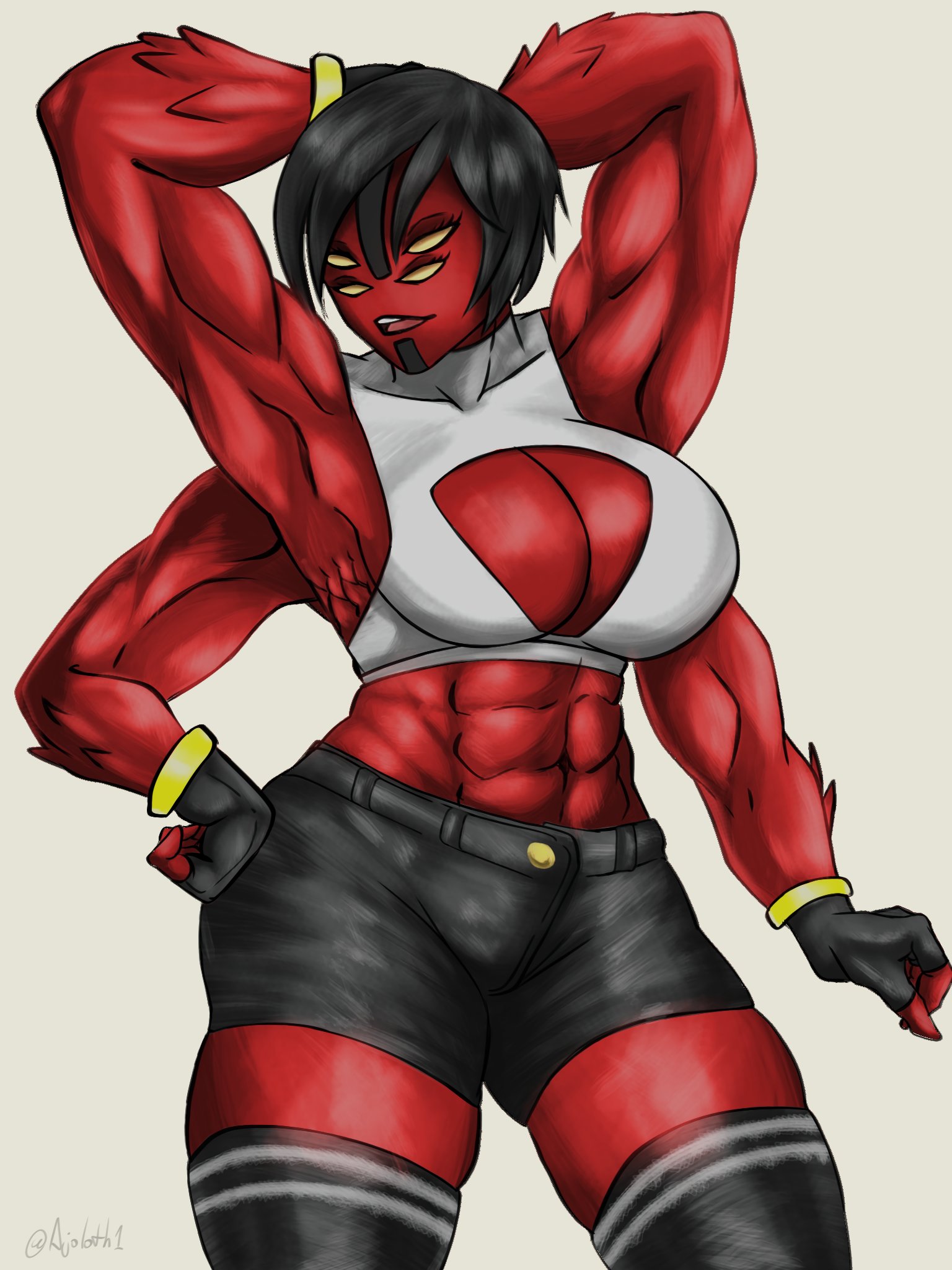 4 arms, 4 eyes, abs, ajoloth, alien girl, armpits, beige background, ben 10, big breasts, black hair, breasts, chaquetrix, cleavage, eyelashes, female, flexing, fourarms, half-closed eyes, huge breasts, large breasts, looking at viewer, multi arm, multi eye, multi limb, muscular, muscular female, navel, pose, red skin, shiny skin, short hair, tetramand, thick thighs, wide hips, zettai ryouiki