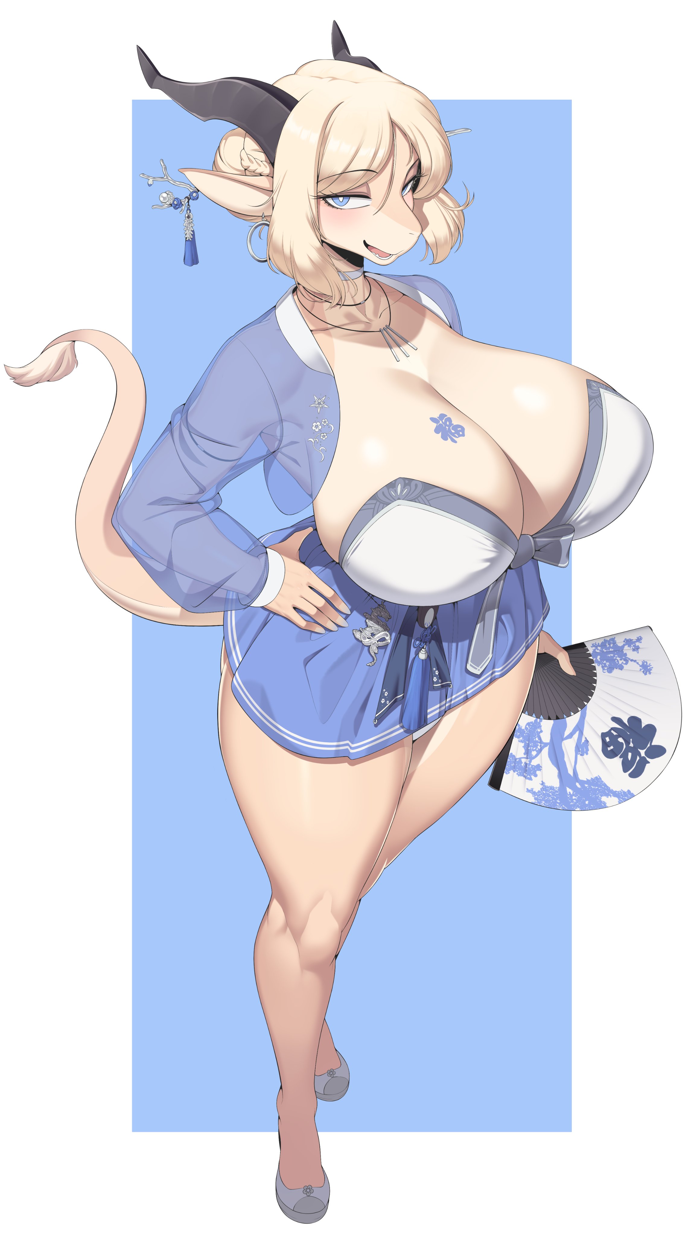 1girls, 2024, 2d, 2d (artwork), anthro, anthro only, beige fur, beige skin, big breasts, big thighs, blue clothing, blue eyes, blue skirt, breasts, busty, celinia (cervina7), cervina7 (artist), choker, cleavage, curved horns, dragon, female, female focus, female only, furry, furry female, furry only, hand fan, hi res, highres, hips, horns, hourglass figure, huge breasts, large breasts, mammal, necklace, original, original character, see-through, see-through clothing, short skirt, skirt, smile, smiling, solo, solo focus, standing, tail, thick thighs, thighs, voluptuous, wide hips, year of the dragon