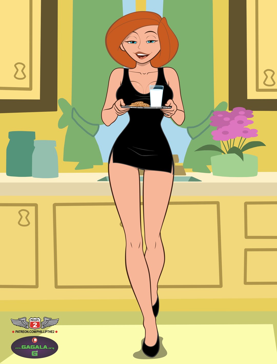 1girls ann_possible bedroom_eyes big_breasts black_dress blue_eyes boobs cleavage cookie cup_of_milk disney disney_channel dress eyes_half_closed eyes_half_open female female_only flower gagala holding_tray kim_possible kitchen large_breasts legs little_black_dress milf milk mother phillipthe2 red_hair redhead short_dress short_hair solo straight_hair thighs tray